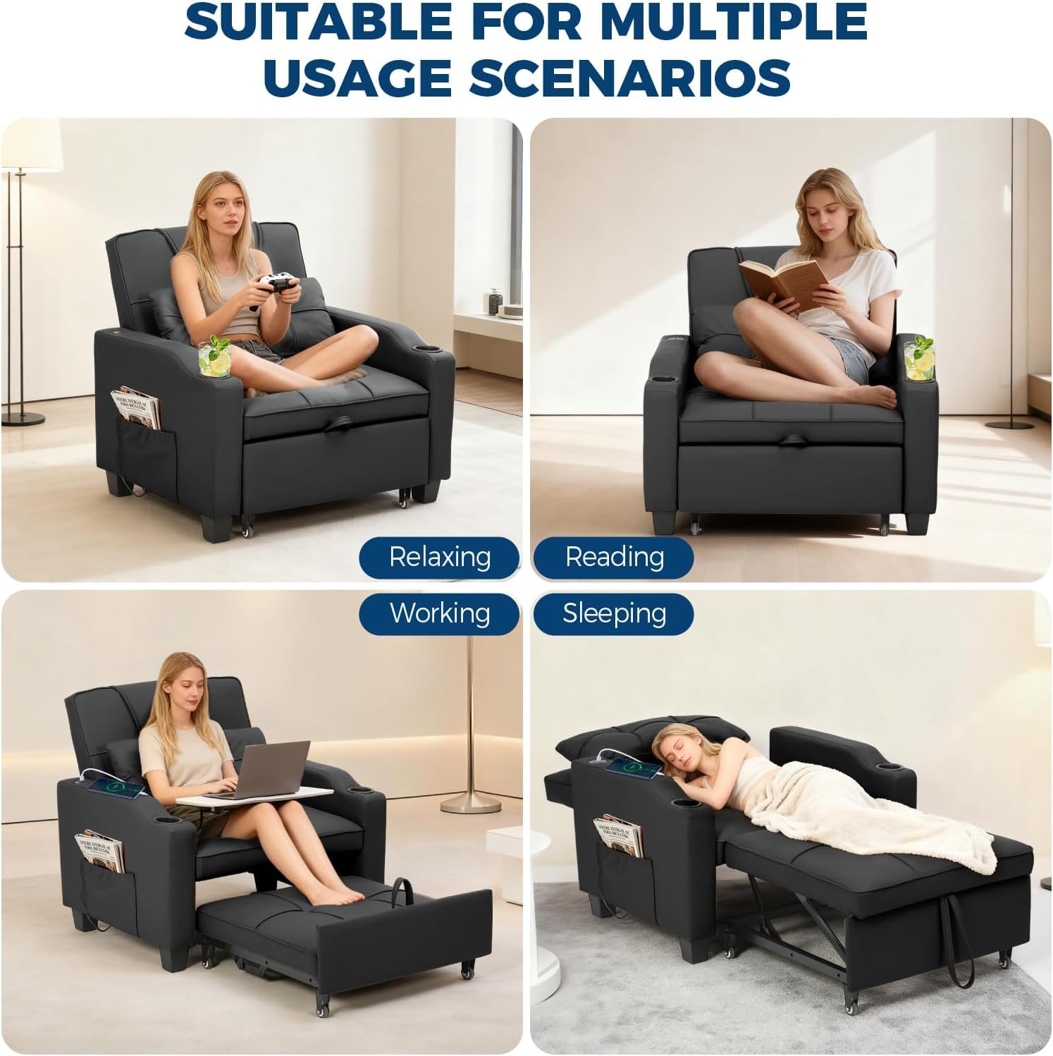 Sleeper Chair Pull Out Bed, 4 in 1 Convertible Sofa Chair Bed with Vibration Massage Lumbar Pillow, Single Sofa Recliner with USB/Type-C Port, Cup Holders and Side Pocket for Small Spaces (Brown)