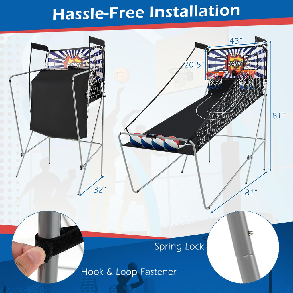 GYMAX Arcade Basketball Game Indoor Foldable with 8 Game Modes, Arcade Sound, 4 Balls and Inflation Pump, Electronic Basketball Games for Home