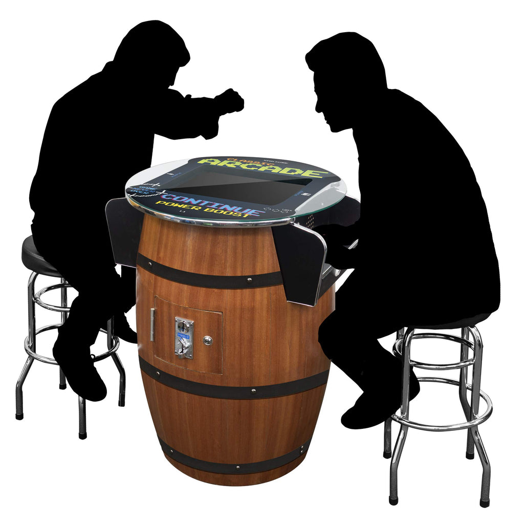 Creative Arcades Full-Size Commercial Grade Wine Barrel Style Pub Arcade Machine | Standard/Medium/Large | Classic Games | 2 Sanwa Joysticks | 2 Stools (Large, 60 Game, 19" Screen, Woodgrain)