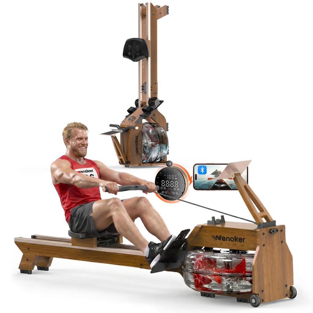 WENOKER Water Rowing Machines for Home Use, Water-Magnetic Dual Resistance Professional Rower Machine with Smart Electronic Knob,Wooden Row with Bluetooth App Compatible for Home Gym Exercise 400 LBS