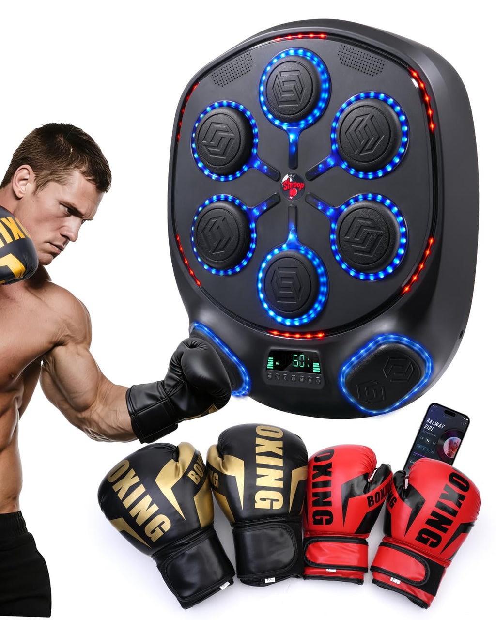 shroop Music Boxing Machine for Adults & Kids — Wall-Mounted Interactive Bluetooth Punch Trainer, High-Sensitivity, Rhythm Adaptation, 6/8 Targets, Ideal for Home, Office, and Gym Use