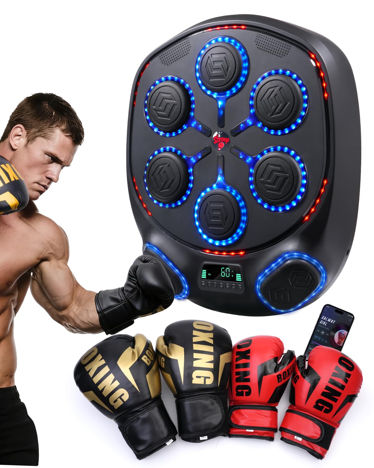 shroop Music Boxing Machine for Adults & Kids — Wall-Mounted Interactive Bluetooth Punch Trainer, High-Sensitivity, Rhythm Adaptation, 6/8 Targets, Ideal for Home, Office, and Gym Use