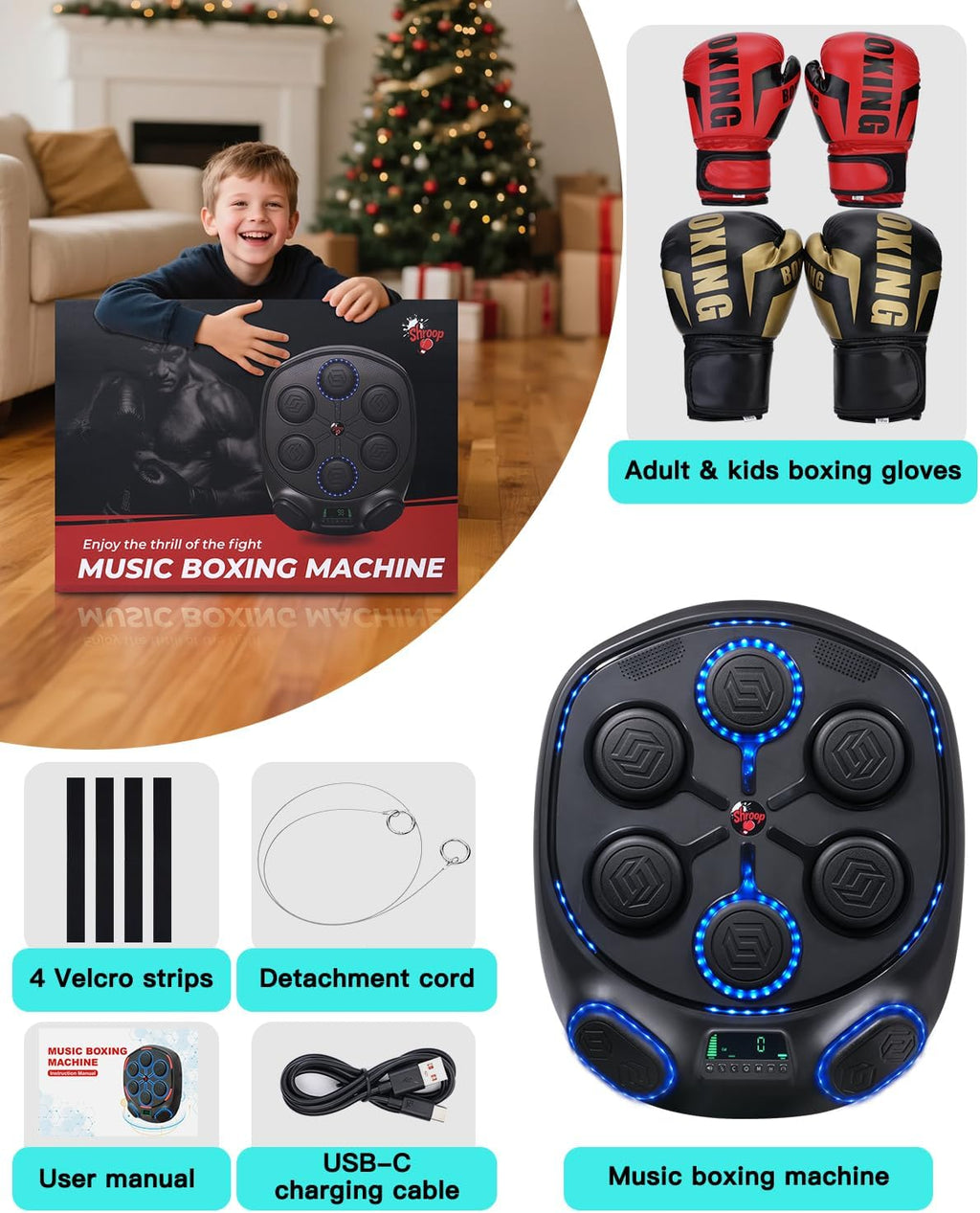 shroop Music Boxing Machine for Adults & Kids — Wall-Mounted Interactive Bluetooth Punch Trainer, High-Sensitivity, Rhythm Adaptation, 6/8 Targets, Ideal for Home, Office, and Gym Use