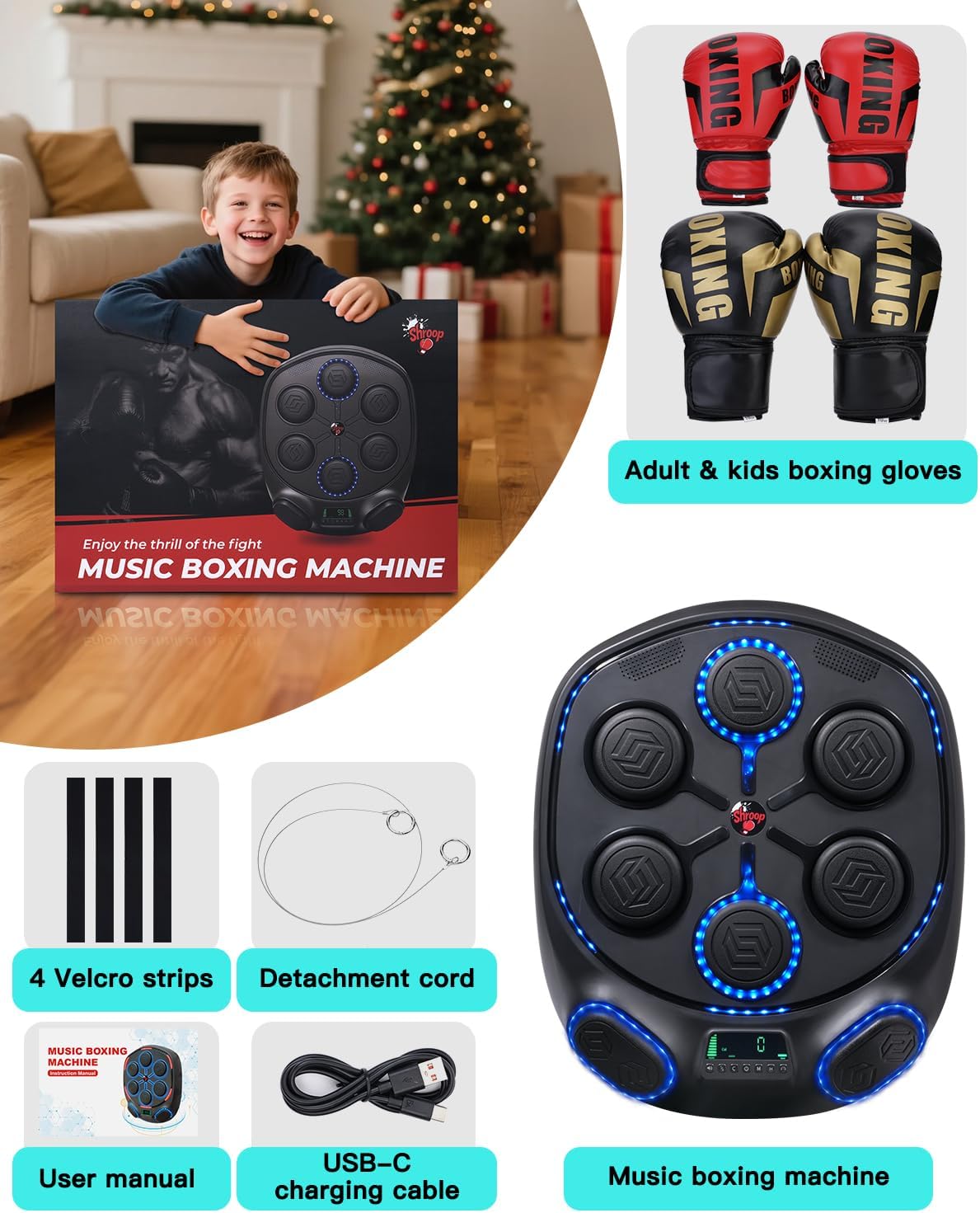 shroop Music Boxing Machine for Adults & Kids — Wall-Mounted Interactive Bluetooth Punch Trainer, High-Sensitivity, Rhythm Adaptation, 6/8 Targets, Ideal for Home, Office, and Gym Use