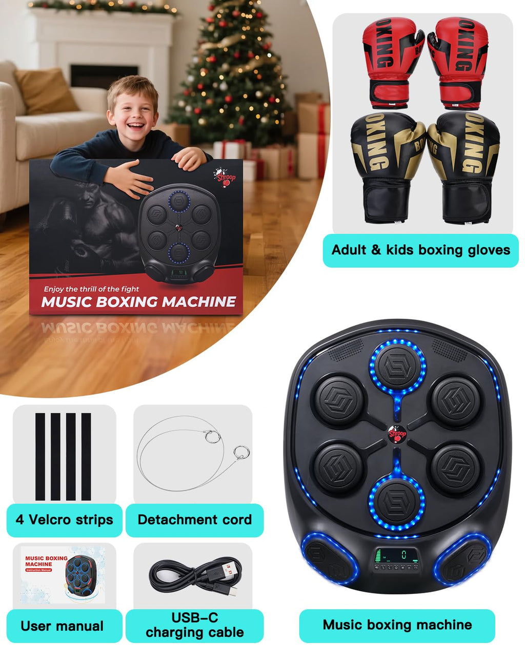 shroop Music Boxing Machine for Adults & Kids — Wall-Mounted Interactive Bluetooth Punch Trainer, High-Sensitivity, Rhythm Adaptation, 6/8 Targets, Ideal for Home, Office, and Gym Use