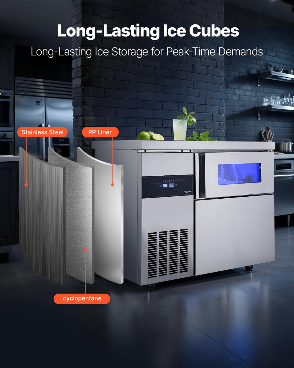 VEVOR Commercial Ice Maker Machine, 330 lbs/24H Stainless Steel Ice Machine with Worktop, 88 lbs Storage & 144 Cubes/Cycle, Self-Cleaning Freestanding Ice-Making for Home Bar Office Restaurant Kitchen