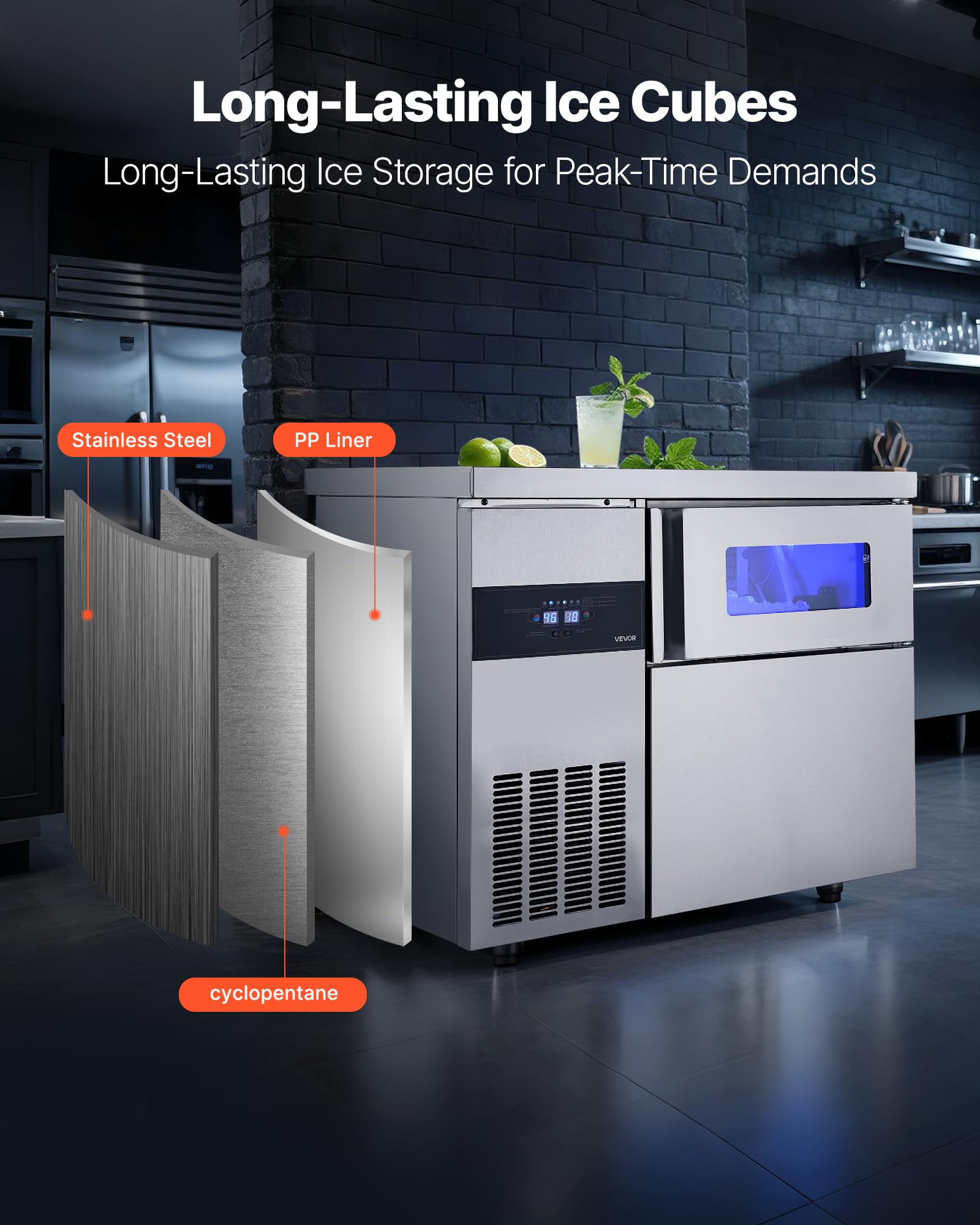 VEVOR Commercial Ice Maker Machine, 330 lbs/24H Stainless Steel Ice Machine with Worktop, 88 lbs Storage & 144 Cubes/Cycle, Self-Cleaning Freestanding Ice-Making for Home Bar Office Restaurant Kitchen