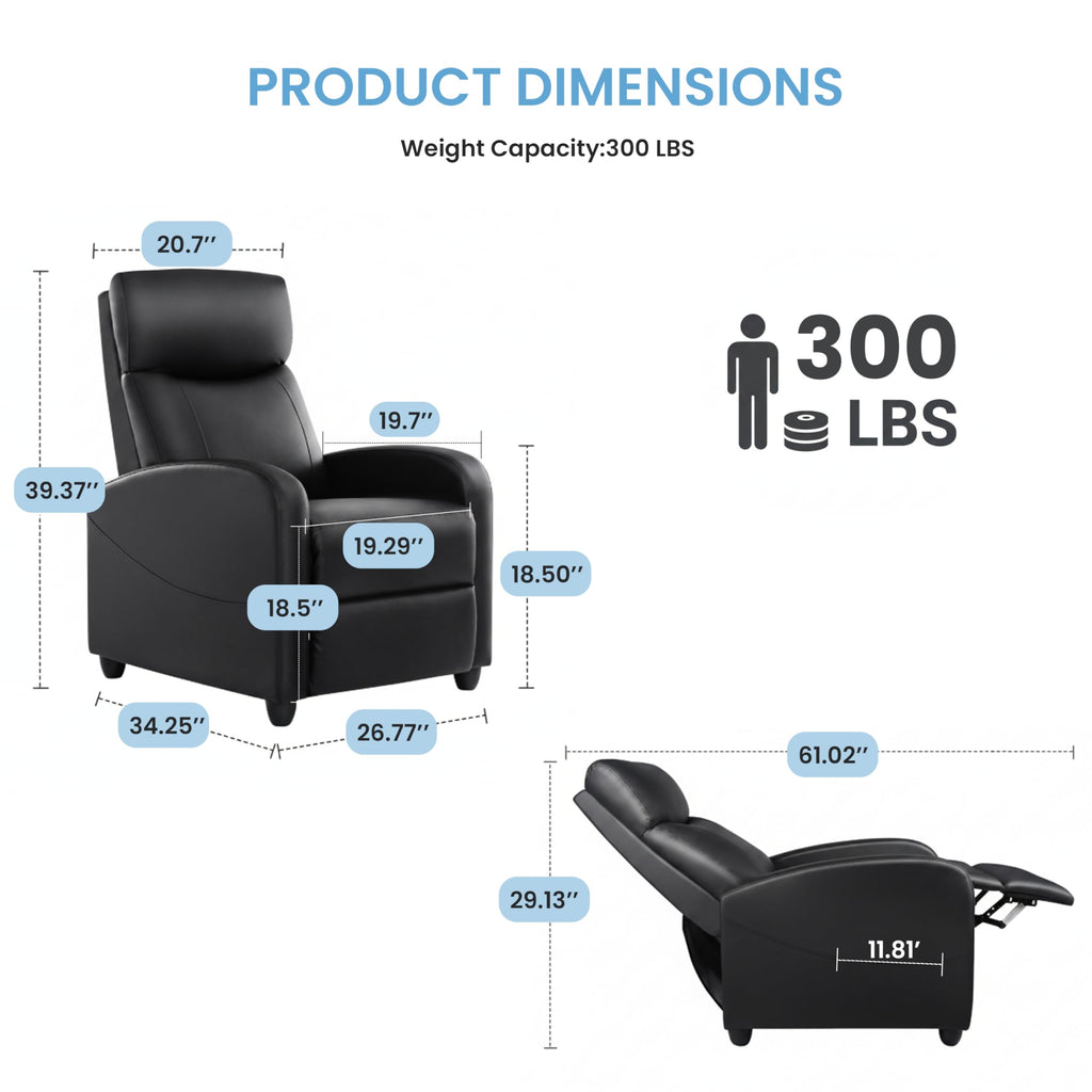 Simple Deluxe Massage Recliner Chair - Adjustable PU Leather Recliner, Luxe Reading Chair & Sofa Chair for Living Room Chairs or Bedroom Chair, Small Recliner for Home Theater, Black