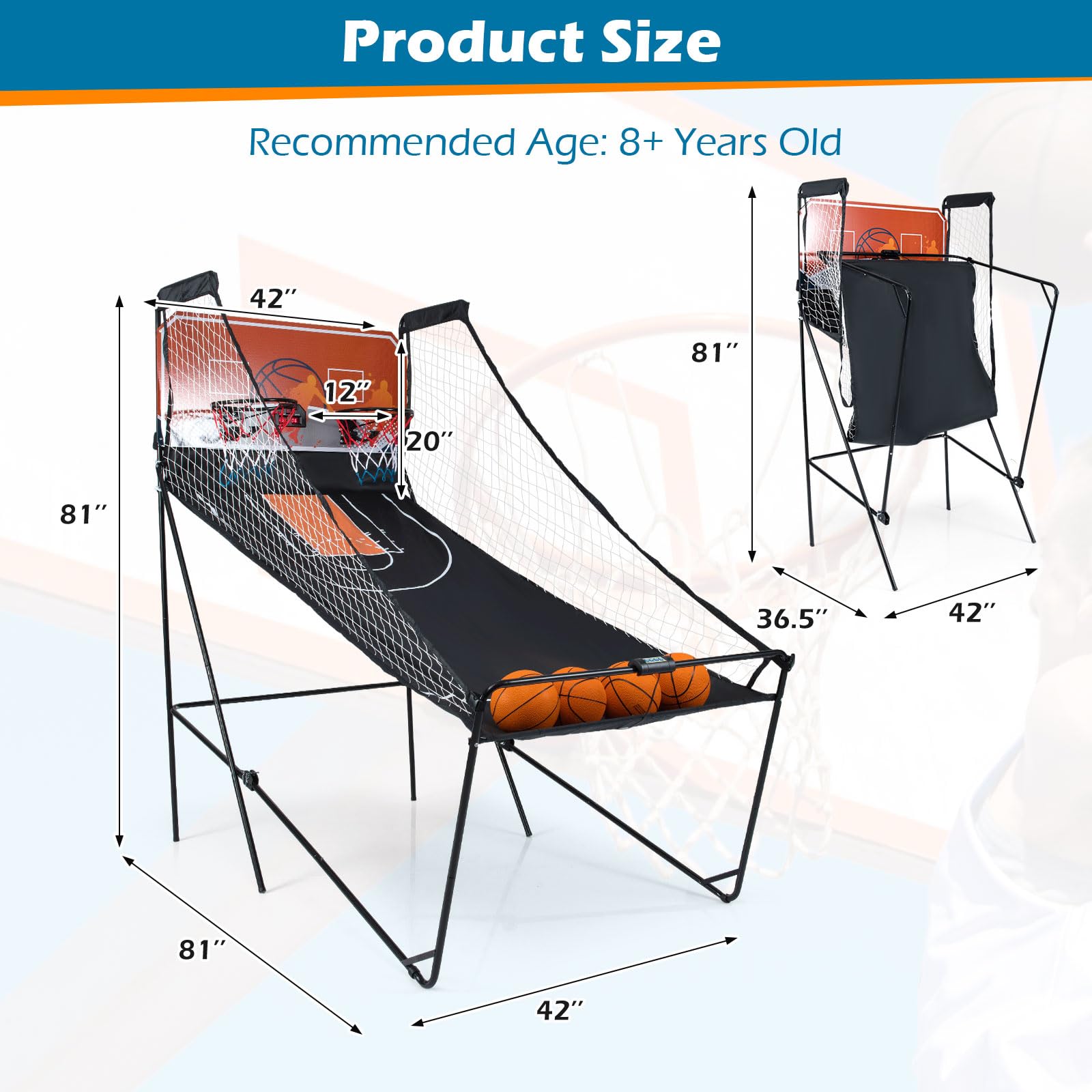 GYMAX Arcade Basketball Game Indoor Foldable with 8 Game Modes, Arcade Sound, 4 Balls and Inflation Pump, Electronic Basketball Games for Home