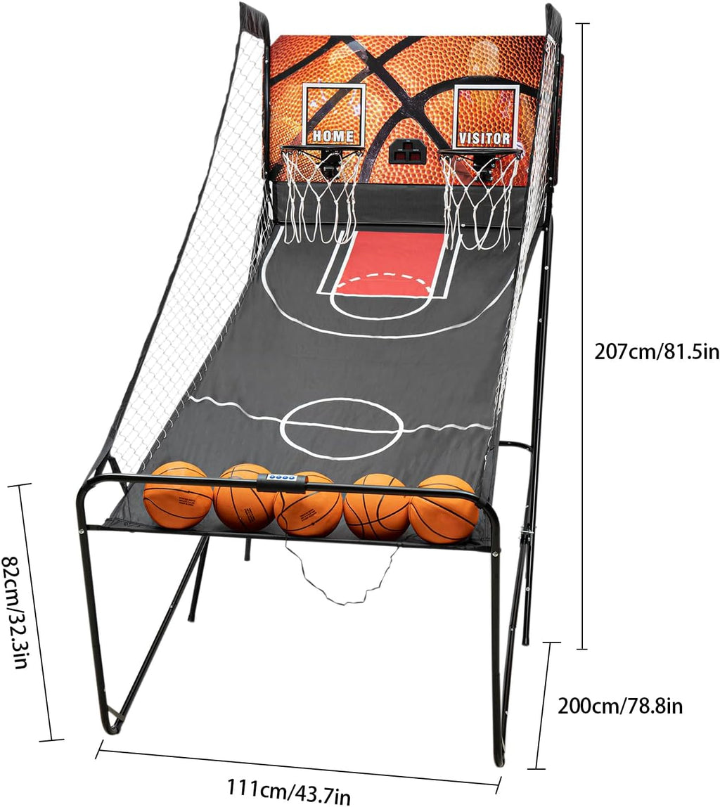 Dual Shot Basketball Arcade Game, Foldable Electronic Basketball Machine with LED Scorer and Timer, 8 Modes 2-Player Includes 5 Balls for Family Game Room Basement
