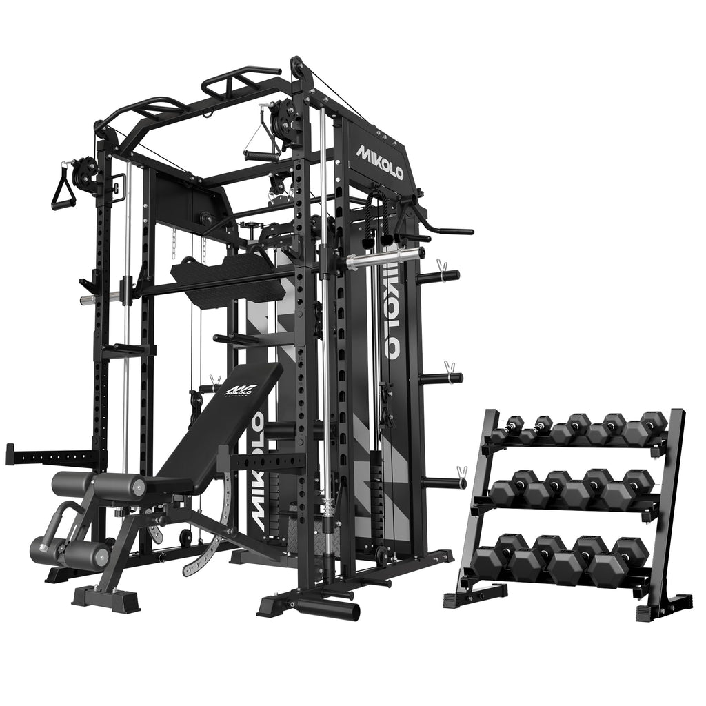Mikolo Smith Machine with Weight Stack, Power Cage Home Gym System with LAT Pulldown & Cable Crossover, Multi-Functional Trainer with Dual Pulley System, Includes 10+ Free Attachments