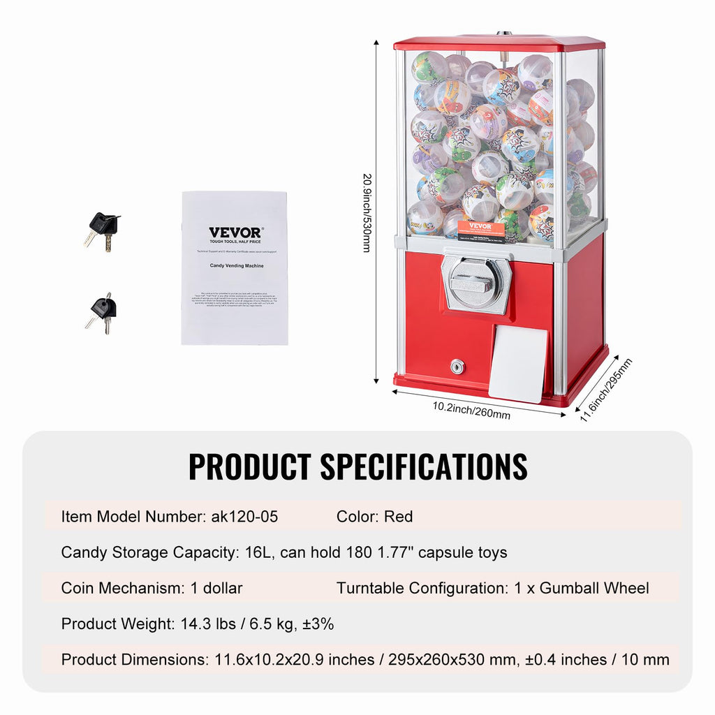 VEVOR Gumball Machine, 21" Height Home Vending Machine, PS Bouncy Balls Dispenser, Hold 180 Capsule Toys, Rectangle Bubble Gum Machine for Game Stores, Coin Operated Gumball Bank, Red