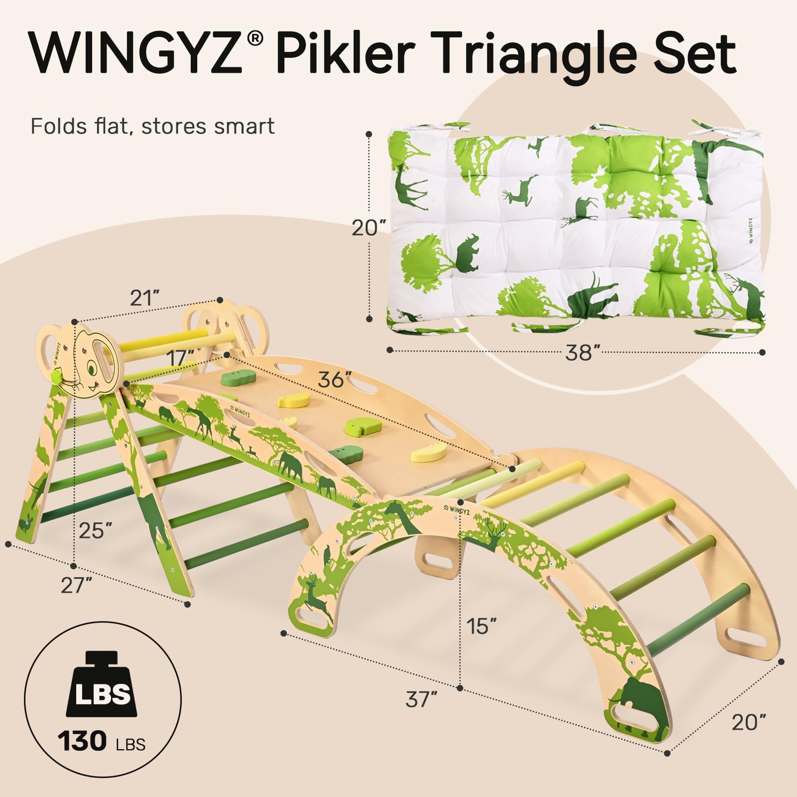 WINGYZ Pikler Triangle Set, Montessori Foldable 8-in-1 Jungle Gym & Reversible Animal Slide, Patent-Protected Climbing Set, Safe 2.35" Gap ASTM F963 Standards for Toddlers 18 Months-5 Years (Rainbow)