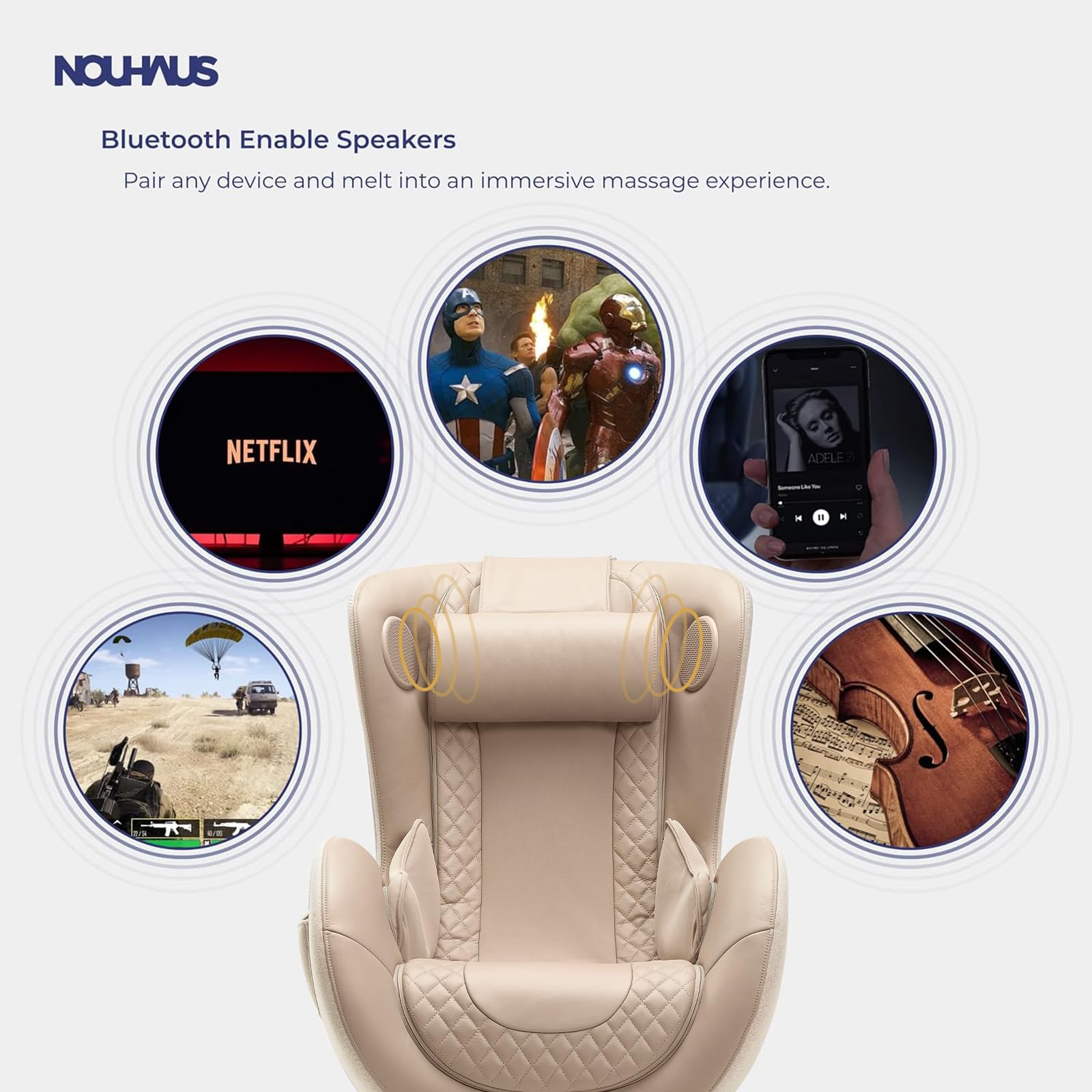 Nouhaus Classic Massage Chair with Ottoman – Caramel Leather Recliner with Percussive Shiatsu Massager, Built-in Speaker & Full Body Spot Massage – Ultimate Comfort for Home & Office