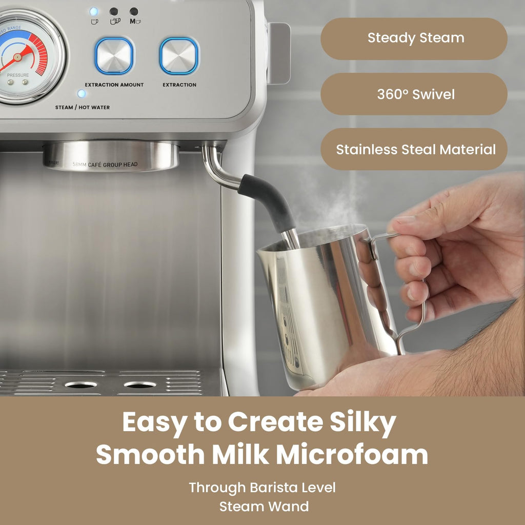 Gevi 20 Bar Espresso Machine with Built-in Grinder & Milk Frother | Professional Coffee Maker for Home | Cappuccino, Latte, 2.3L Removable Water Tank, Stainless Steel Steam Wand