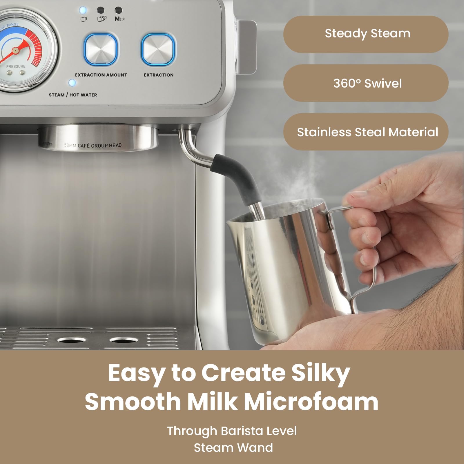 Gevi 20 Bar Espresso Machine with Built-in Grinder & Milk Frother | Professional Coffee Maker for Home | Cappuccino, Latte, 2.3L Removable Water Tank, Stainless Steel Steam Wand