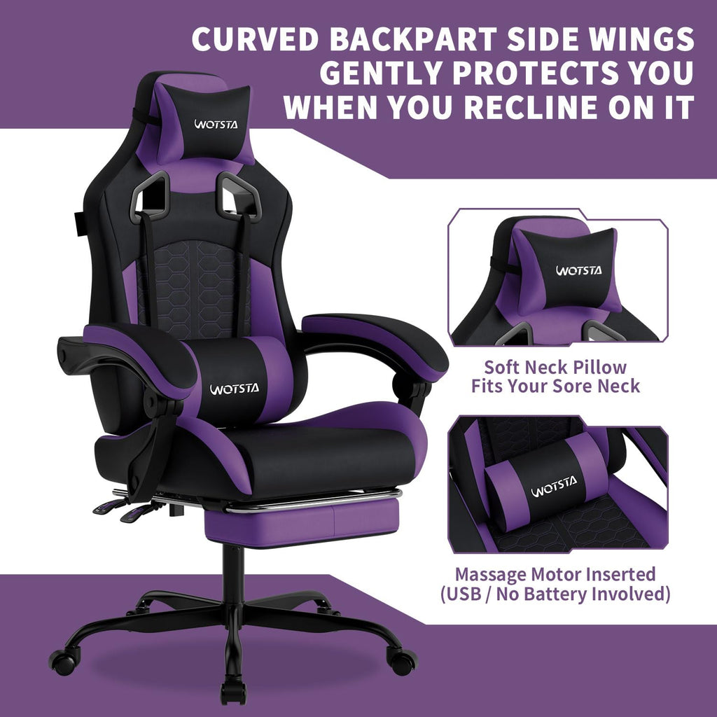 Gaming Chair with Massage,Ergonomic PC Gaming Chair with Footrest Comfortable Headrest and Lumbar Support, High Back, 300LBS (Grey)