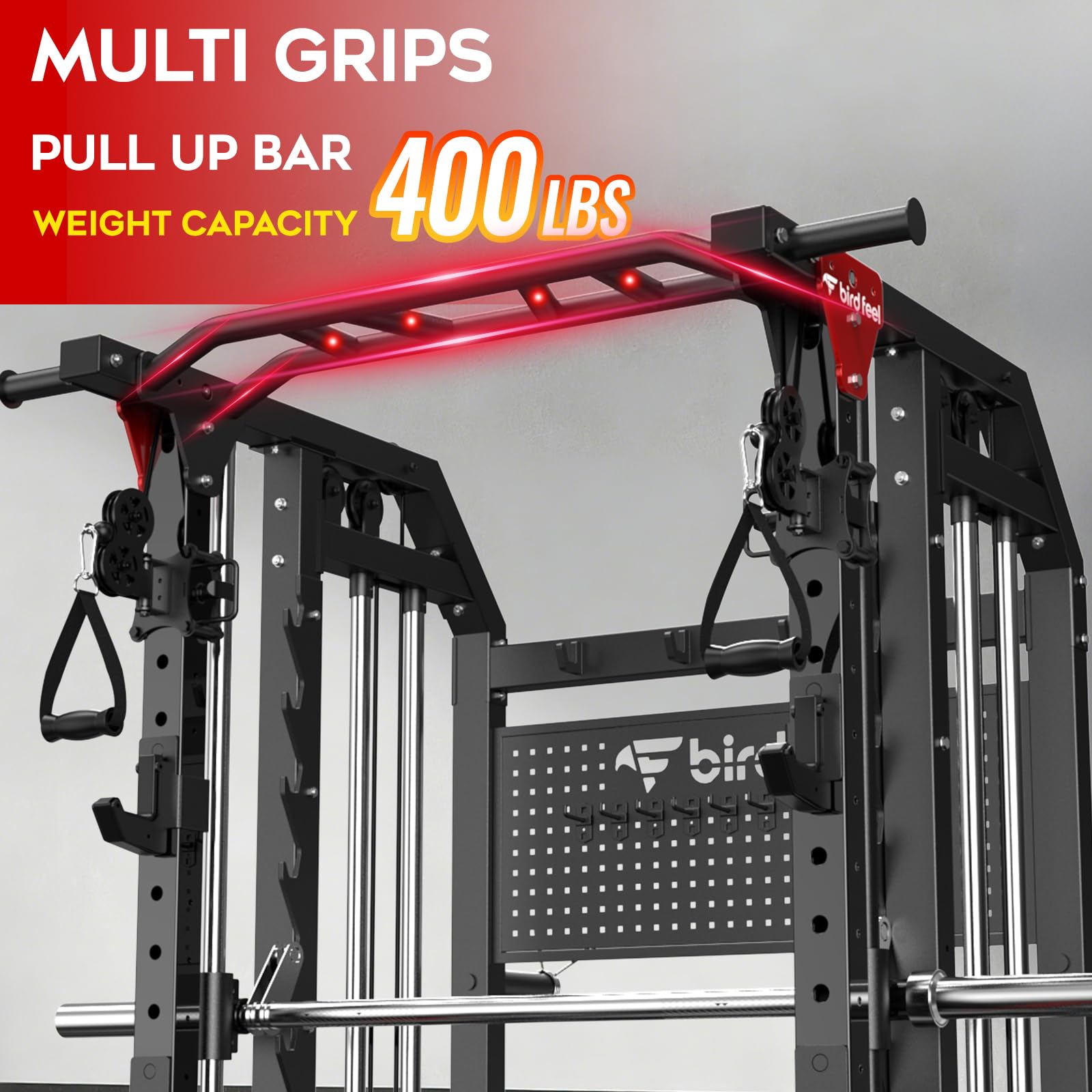 Multi-Function 2000LB Smith Machine Power Cage, Home Gym Squat Rack Featuring LAT Pulldown, Dual Pulley Cable Crossover, Gym-Quality Power Rack with Strength Training Attachments, Pegboard