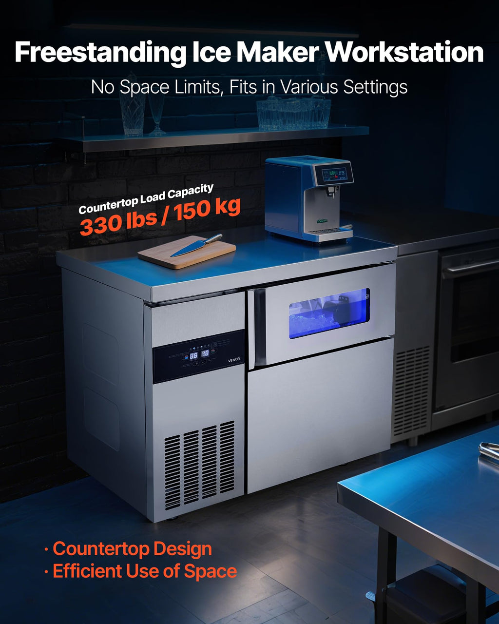VEVOR Commercial Ice Maker Machine, 330 lbs/24H Stainless Steel Ice Machine with Worktop, 88 lbs Storage & 144 Cubes/Cycle, Self-Cleaning Freestanding Ice-Making for Home Bar Office Restaurant Kitchen