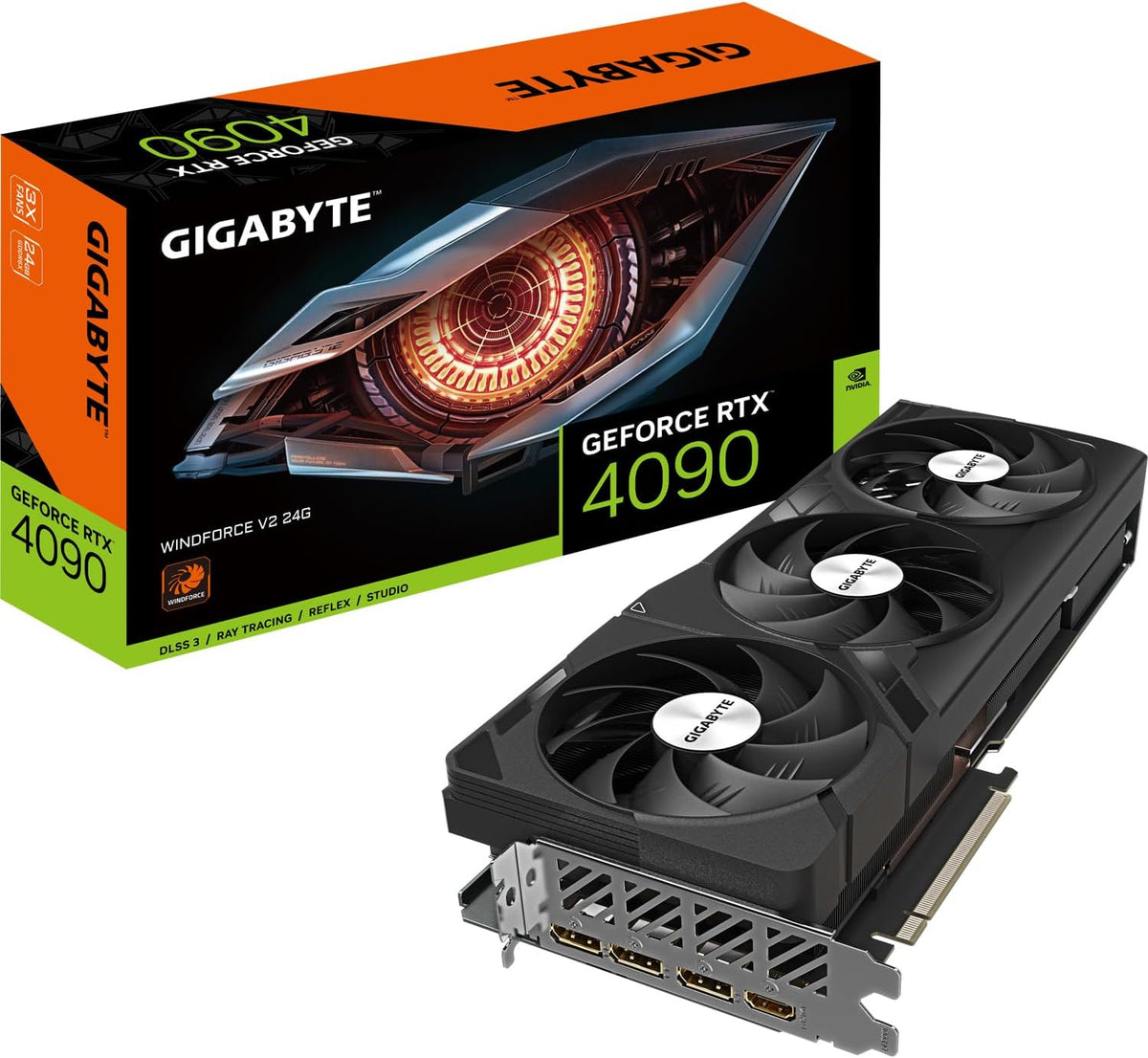 GIGABYTE GeForce RTX 4090 WINDFORCE V2 24GB Graphics Card - 24GB DDR6X, PCI-E 4.0, Core 2520Mhz, 3 Fan Windforce Cooling System, Anti-sag Bracket, DP 1.4, HDMI 2.1a, NVIDIA DLSS 3, GV-N4090WF3V2-24GD