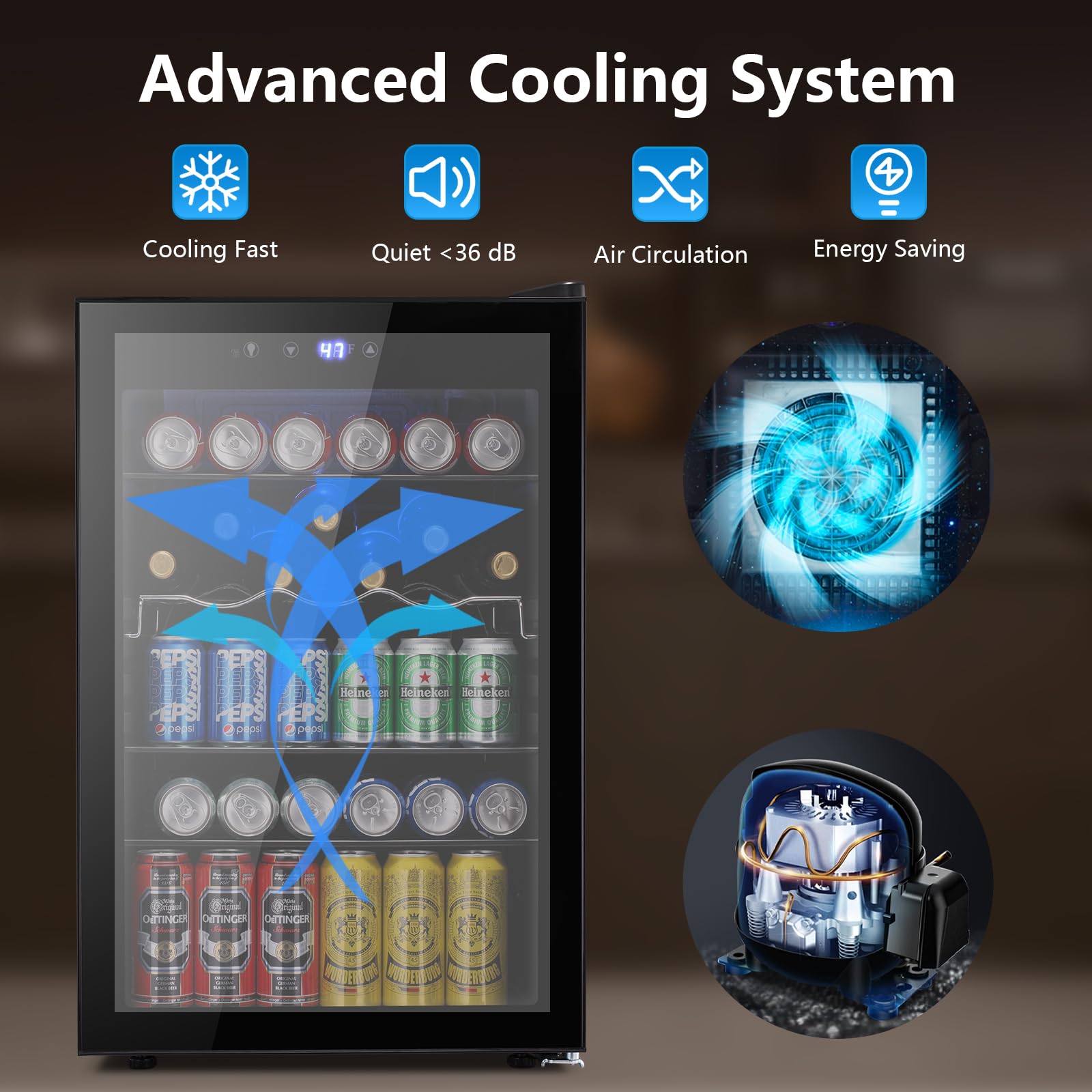 Electactic 50 Cans Beverage Refrigerator Cooler, 1.3 Cu.ft Mini Fridge Countertop Drink Cooler with Glass Door for Beer, Soda,Wine, Adjustable Digital Temperature Control for Home Dorm Bar, Black