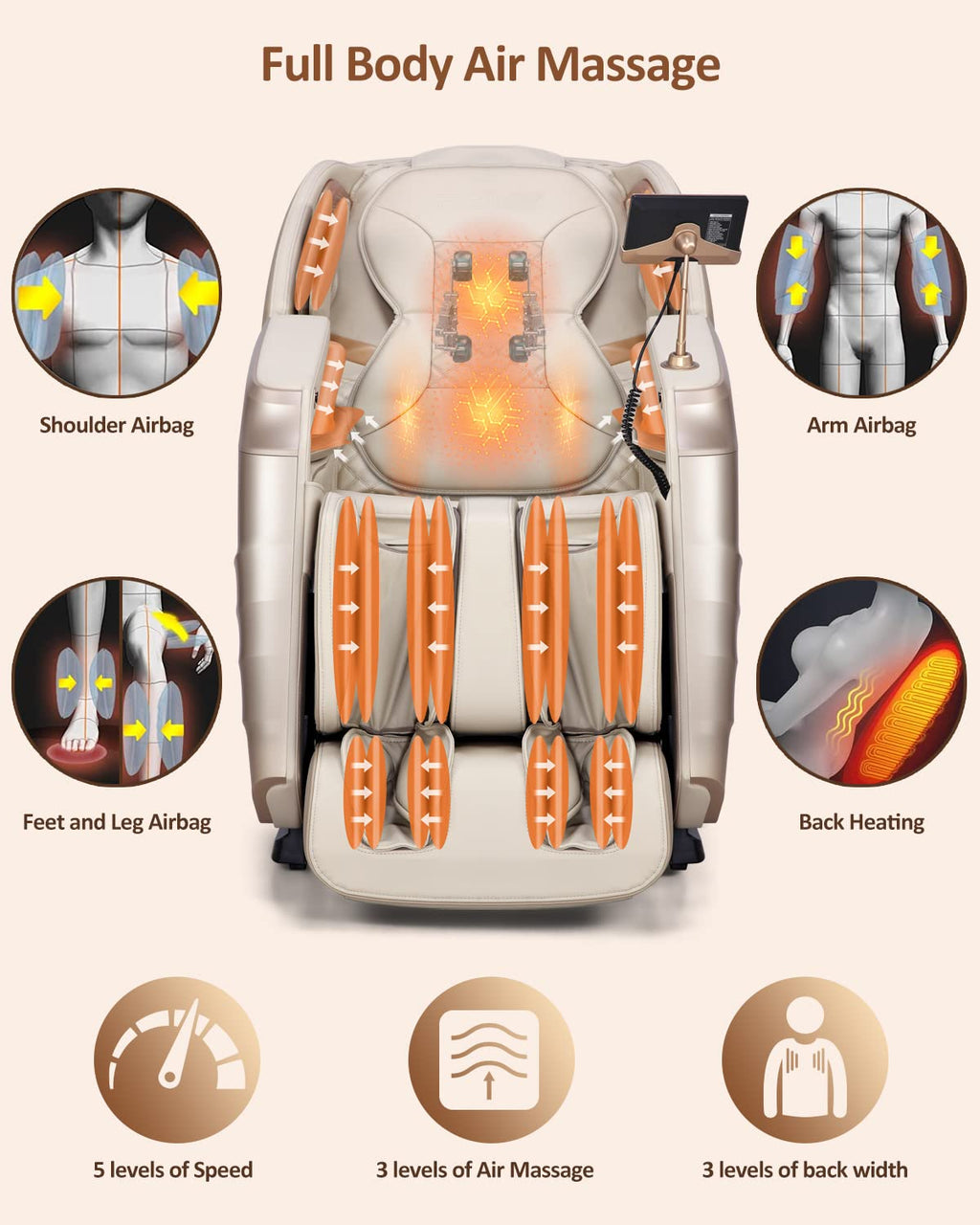 RELX Massage Chair Full Body, 20 Modes Zero Gravity SL-Track Shiatsu Massage Chair Built-in Heat System, Airbag Massage with Body Scan, Deep Yoga Stretch, Calfrest Extension and AI Control(Cream)