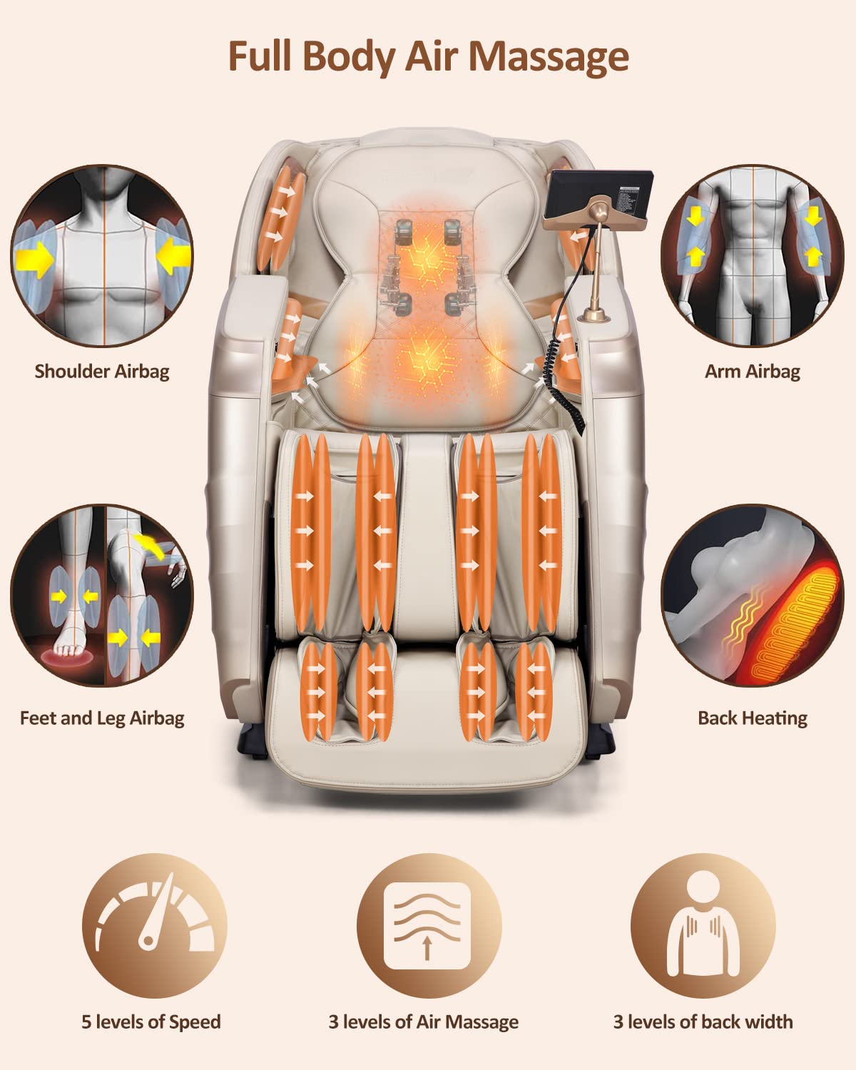 RELX Massage Chair Full Body, 20 Modes Zero Gravity SL-Track Shiatsu Massage Chair Built-in Heat System, Airbag Massage with Body Scan, Deep Yoga Stretch, Calfrest Extension and AI Control(Cream)