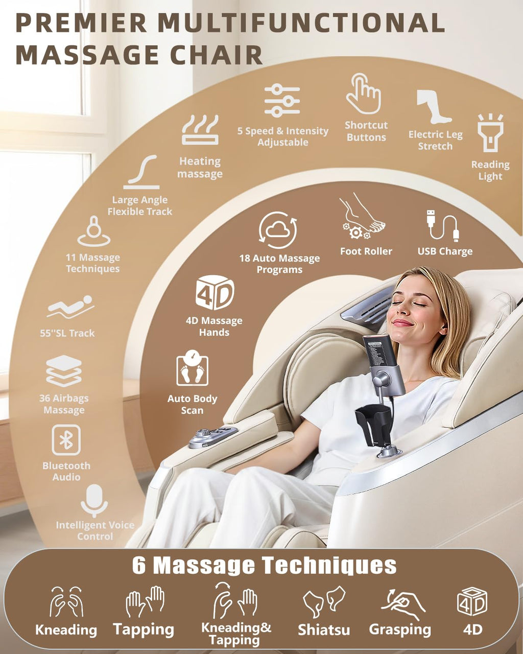 4D Full Body Massage Chair with Flexible 166° Track, Reading Light, 18 Massage Modes, 11 Techniques, 36 Airbags, Zero Gravity Recliner with Yoga Stretch and Foot Massage Beige