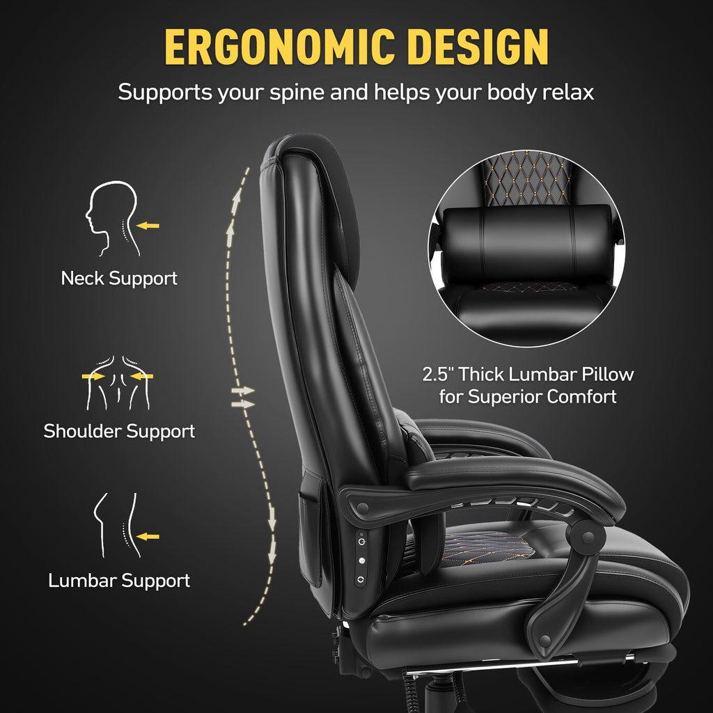 3D Kneading Massage Office Chair with Heat, 500 lbs Big and Tall Executive Computer Desk Recliner, Leather Electric Heated Chair with Footrest, Black