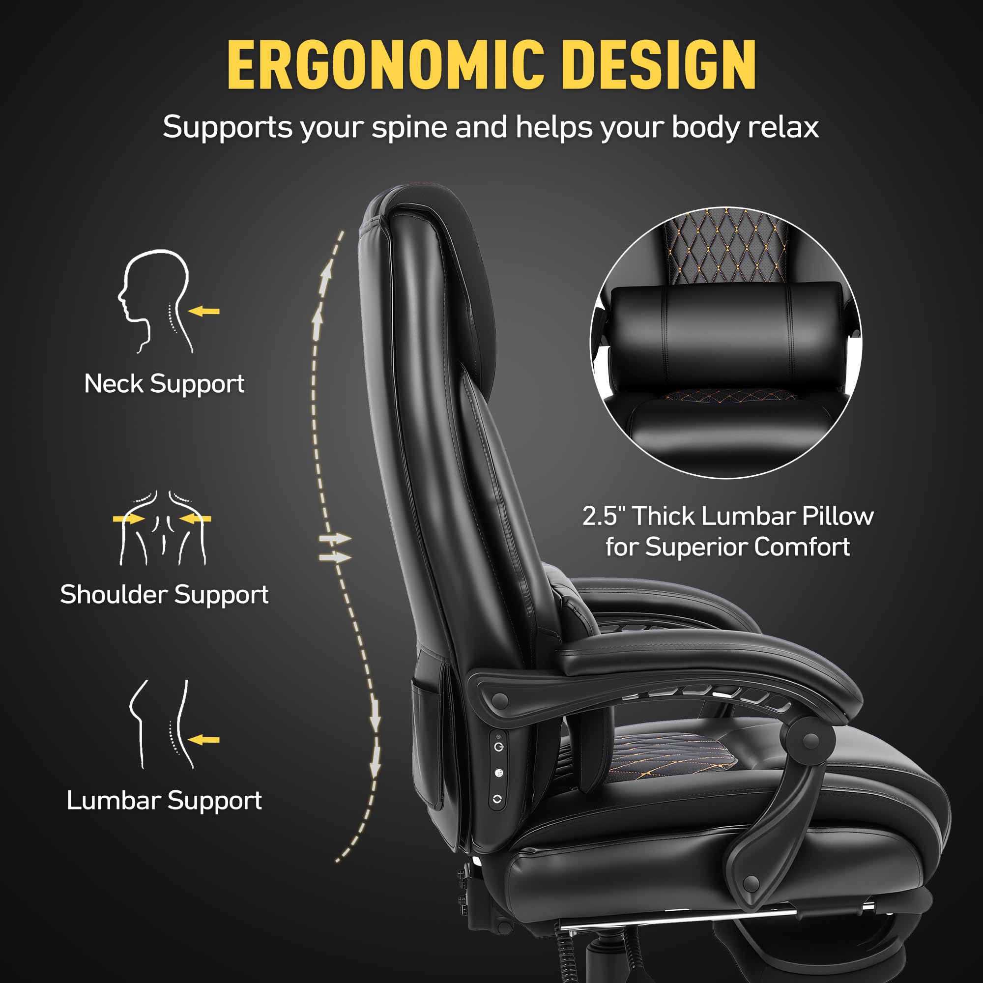 3D Kneading Massage Office Chair with Heat, 500 lbs Big and Tall Executive Computer Desk Recliner, Leather Electric Heated Chair with Footrest, Black