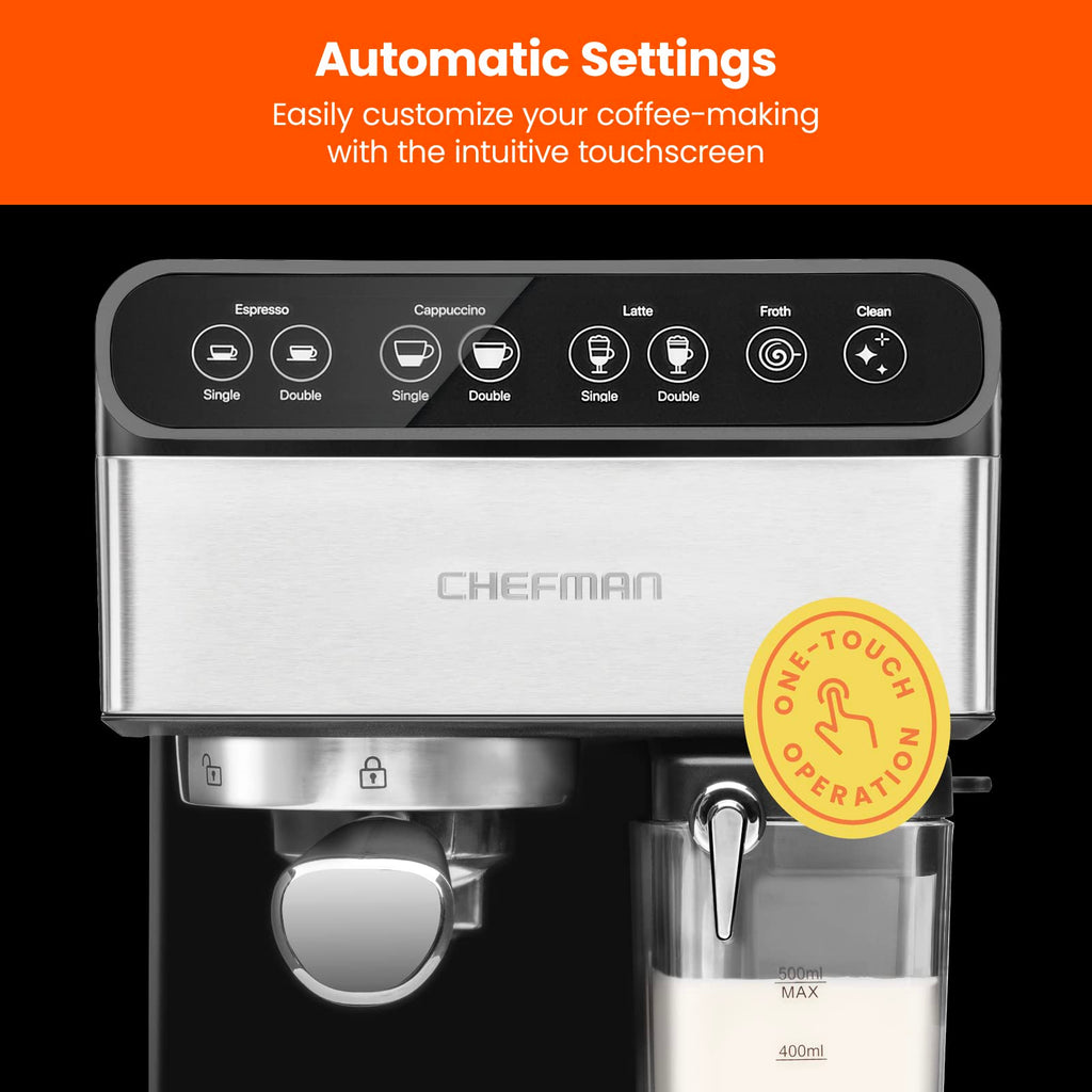 Chefman Crema Deluxe Espresso Machine with Double Boiler, Use Milk Frother and Brew Espresso Simultaneously, Professional Coffee Maker with Coffee Grinder and Steam Wand, 30 Grind Settings