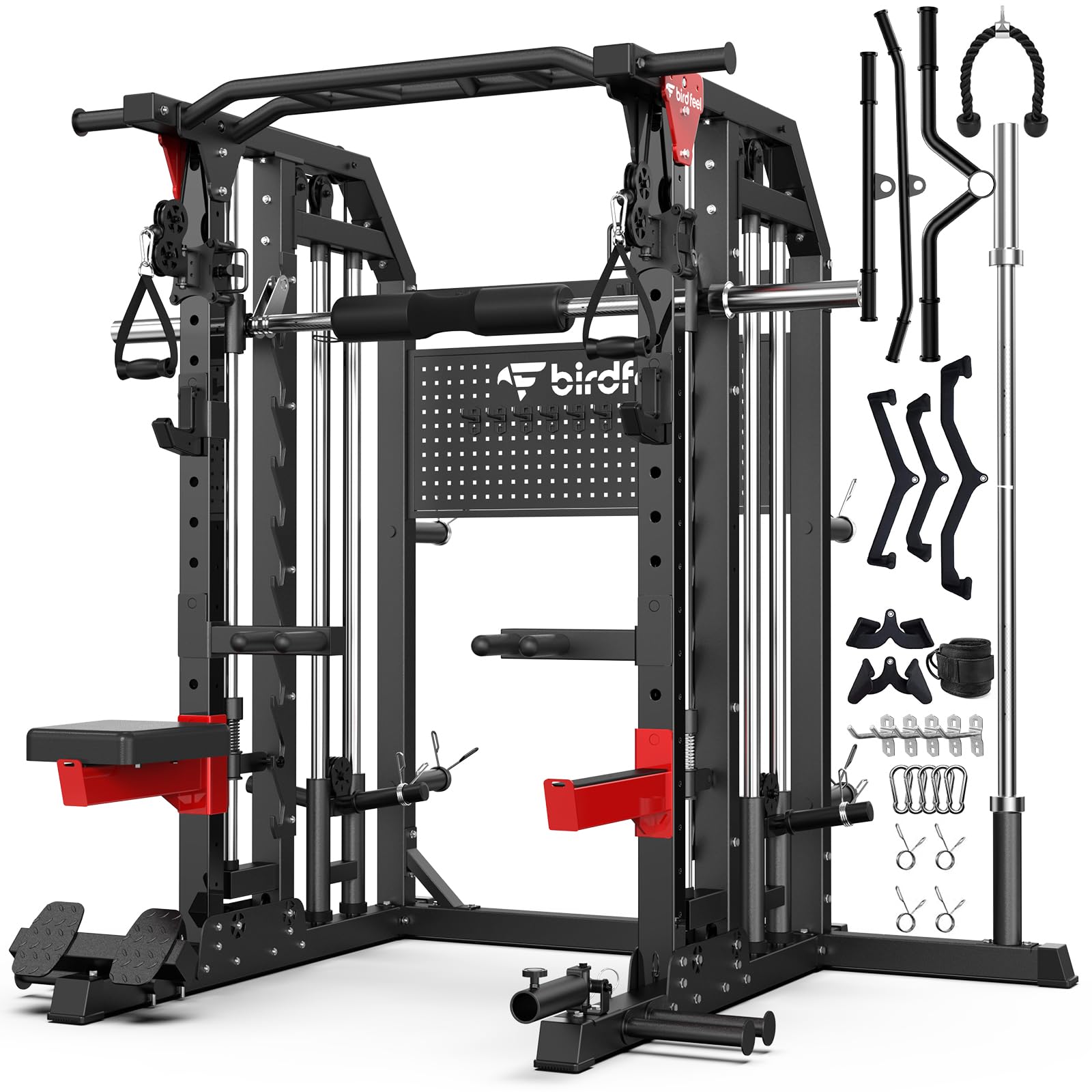 Multi-Function 2000LB Smith Machine Power Cage, Home Gym Squat Rack Featuring LAT Pulldown, Dual Pulley Cable Crossover, Gym-Quality Power Rack with Strength Training Attachments, Pegboard