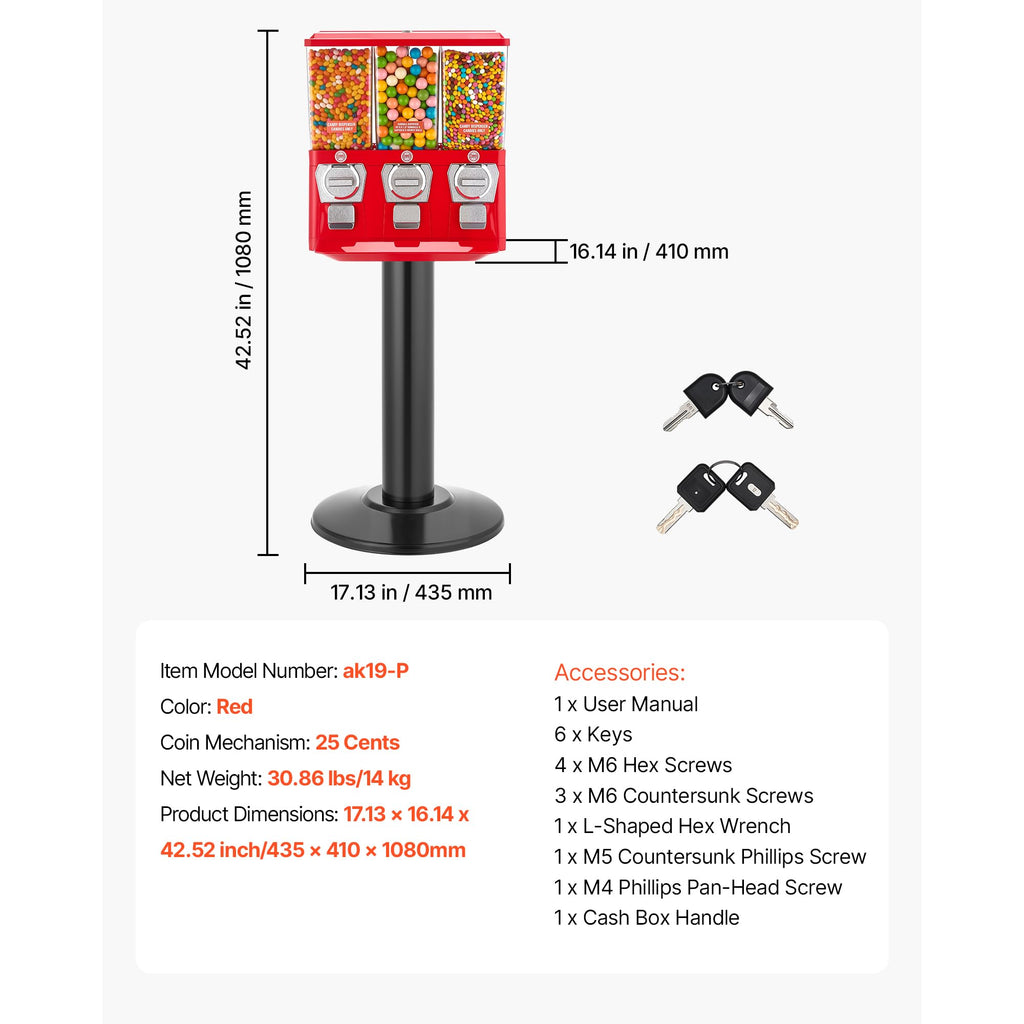 VEVOR Commercial Vending Machine, Four Compartment Rotatable Gumball and Candy Dispenser, Adjustable Height Coin Operated Candy Bank with Iron Stand, for Business Toy Capsules Bouncy Balls Nut, Blue