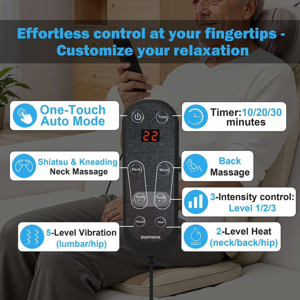 Shiatsu Neck Back Massage Cushion with Heat - 4D Kneading Massager w/Vibration, Dual-Neck Design, Adjustable Intensity/Height, Ease Muscle Tightness from Long Sitting, for Office, Home, Blue