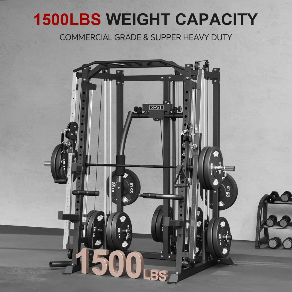 SPART Workout Station Angled Smith Machine with Bench,Cage System-Home Gym Multifunction Rack,Workout Equipment with Smith Bar, LAT Pull-Down Systems, Cable Crossover Machine and Cable Attachment
