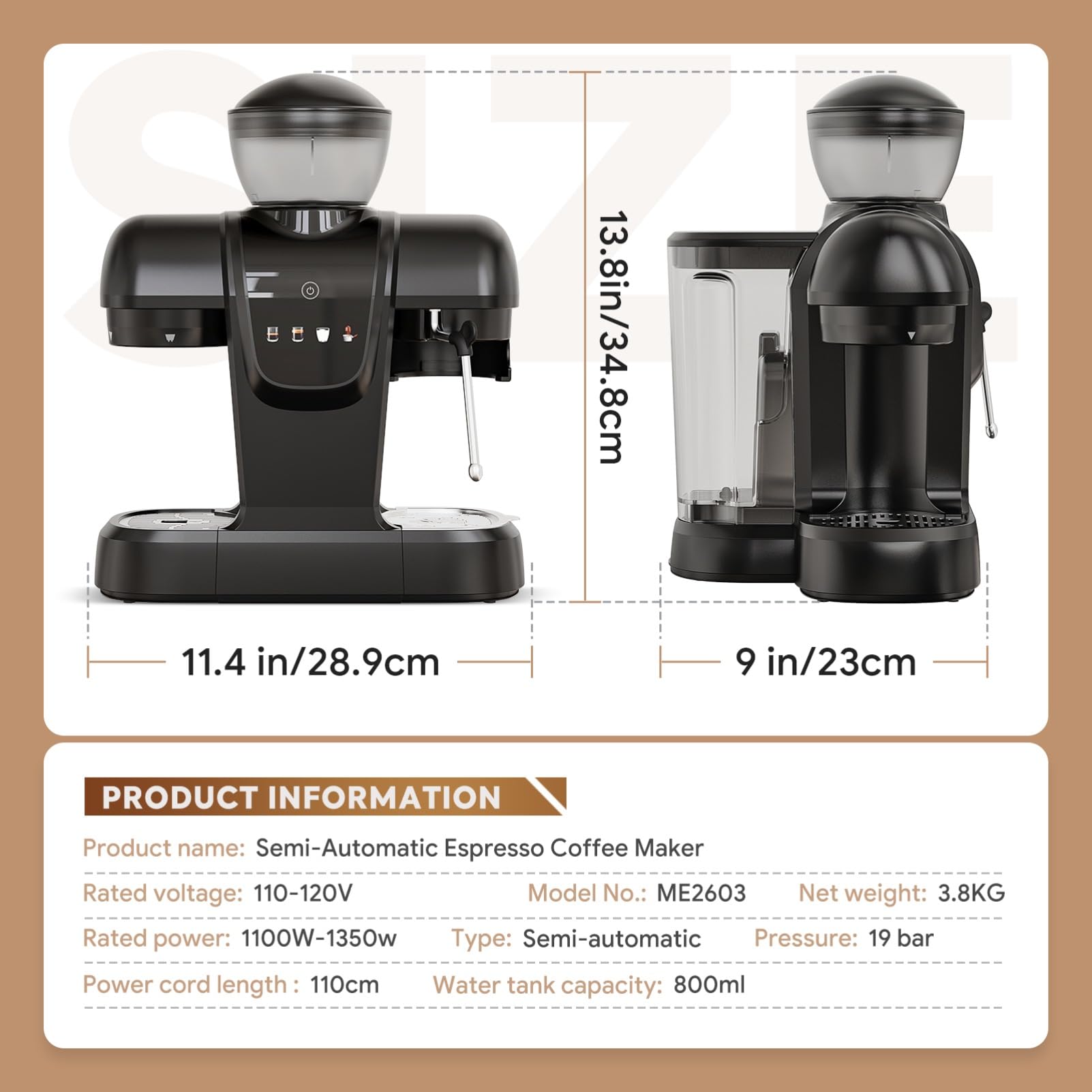 20 Bar Espresso Machine with Grinder & Steam Wand - Semi Automatic Coffee Maker, NTC Intelligent Temp Control, 58mm Stainless Steel Portafilter, One-Touch Panel for Home Barista (BLACK)