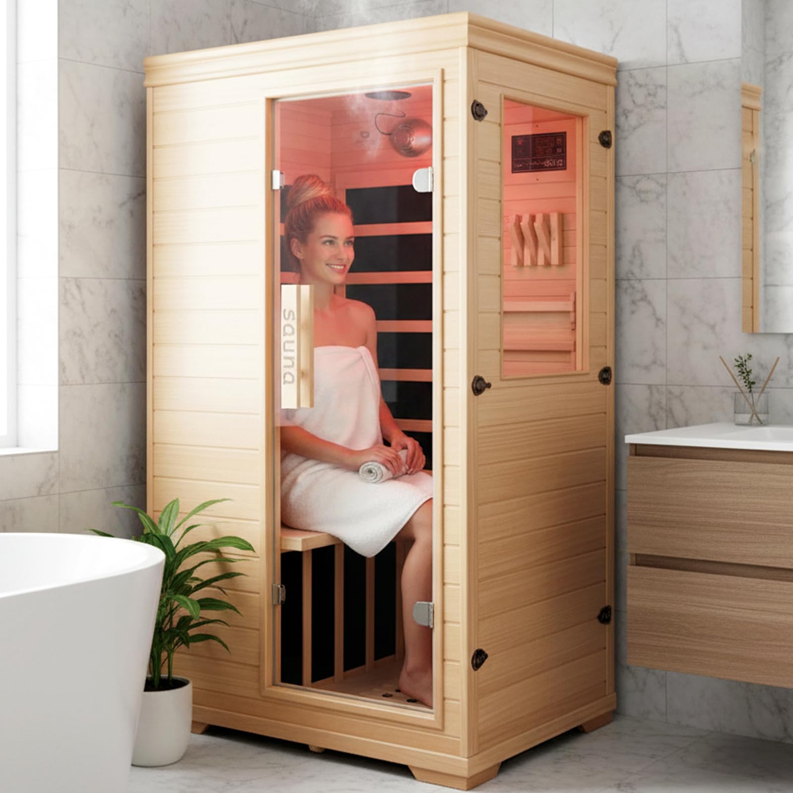 1350W Far Infrared Home Sauna, Energy-Efficient Fast-Heating Indoor Sauna Room with Bluetooth & 7-Color Therapy, Canadian Hemlock Wood, Modular Design - Ideal for Home Gym, Family Relaxation