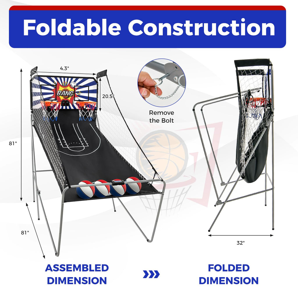 KOTEK Basketball Arcade Game Indoor, Foldable Dual Shot Electronic Basketball Games for 2 Players w/8 Game Options & LED Scoring System, Basketball Hoop Arcade for Family Home Play (Green)