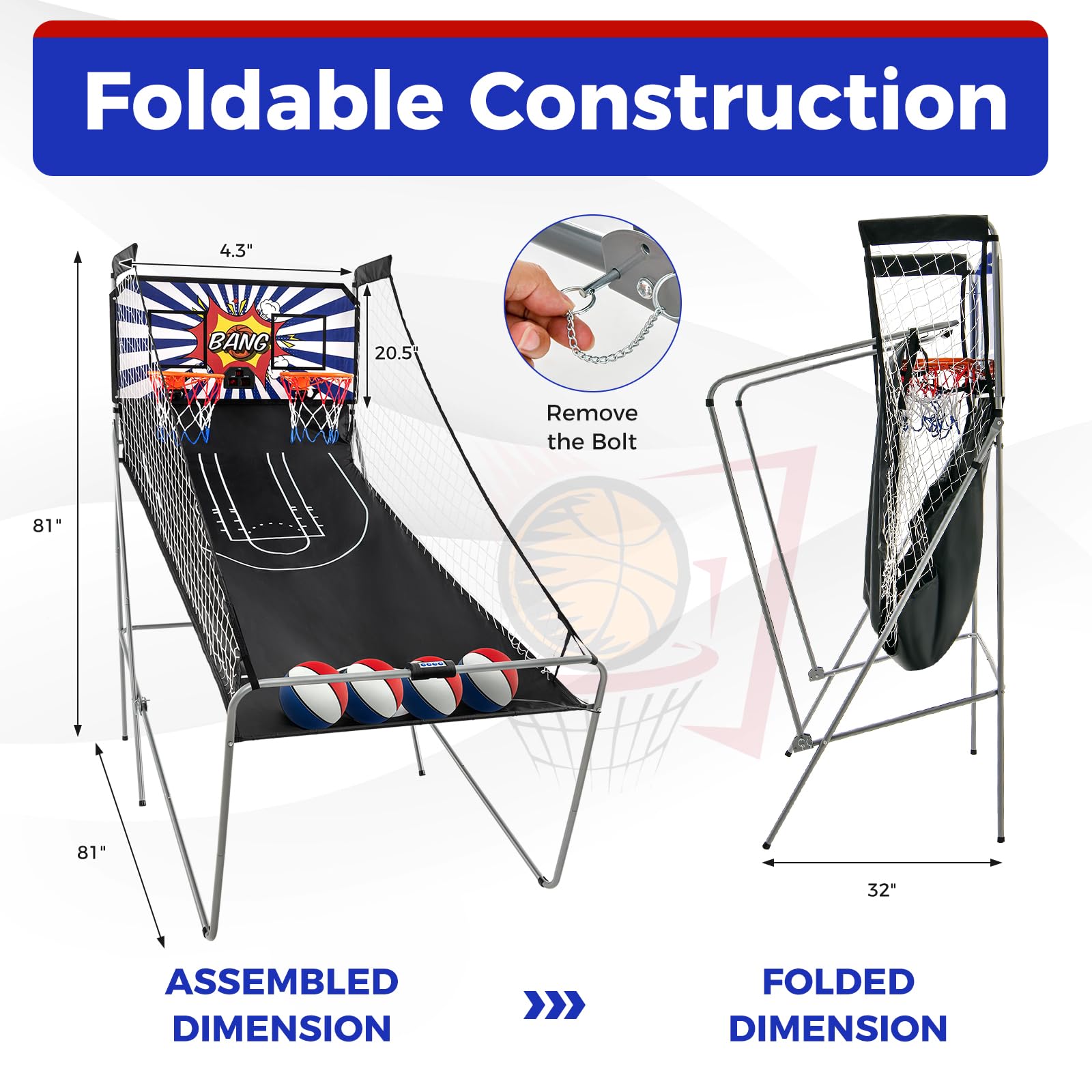 KOTEK Basketball Arcade Game Indoor, Foldable Dual Shot Electronic Basketball Games for 2 Players w/8 Game Options & LED Scoring System, Basketball Hoop Arcade for Family Home Play (Green)
