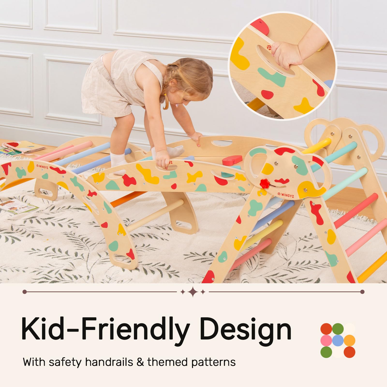 WINGYZ Pikler Triangle Set, Montessori Foldable 8-in-1 Jungle Gym & Reversible Animal Slide, Patent-Protected Climbing Set, Safe 2.35" Gap ASTM F963 Standards for Toddlers 18 Months-5 Years (Rainbow)