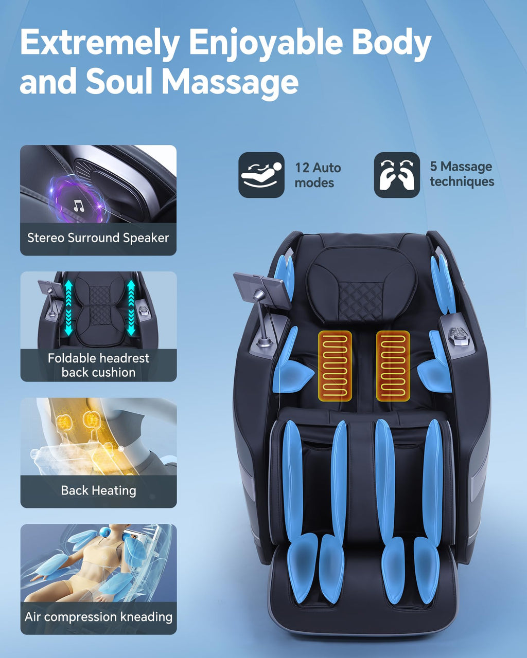 Massage Chair Full Body Zero Gravity, 3D ‌SL-Track Shiatsu Massage with Unique Rocking Sleep Mode, Upgraded Calf & Knee Massage (+11cm) for Tall People, Wireless Charging &Touch Screen,Black