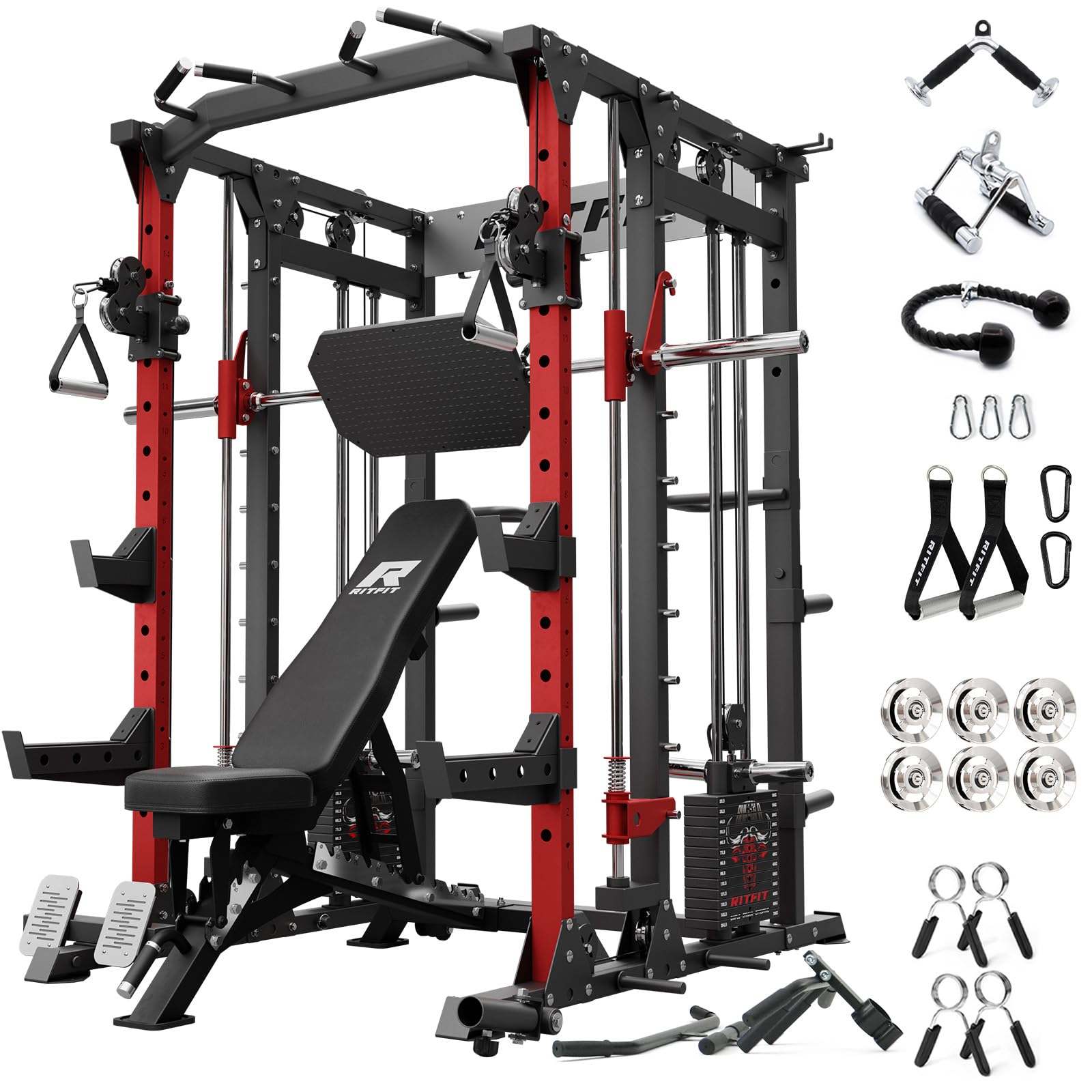 RitFit Buffalo Smith Machine Package, All-in-One Power Cage with Weight Stack , Power Rack with Cable Crossover & Leg Press Attachment for Home Gym