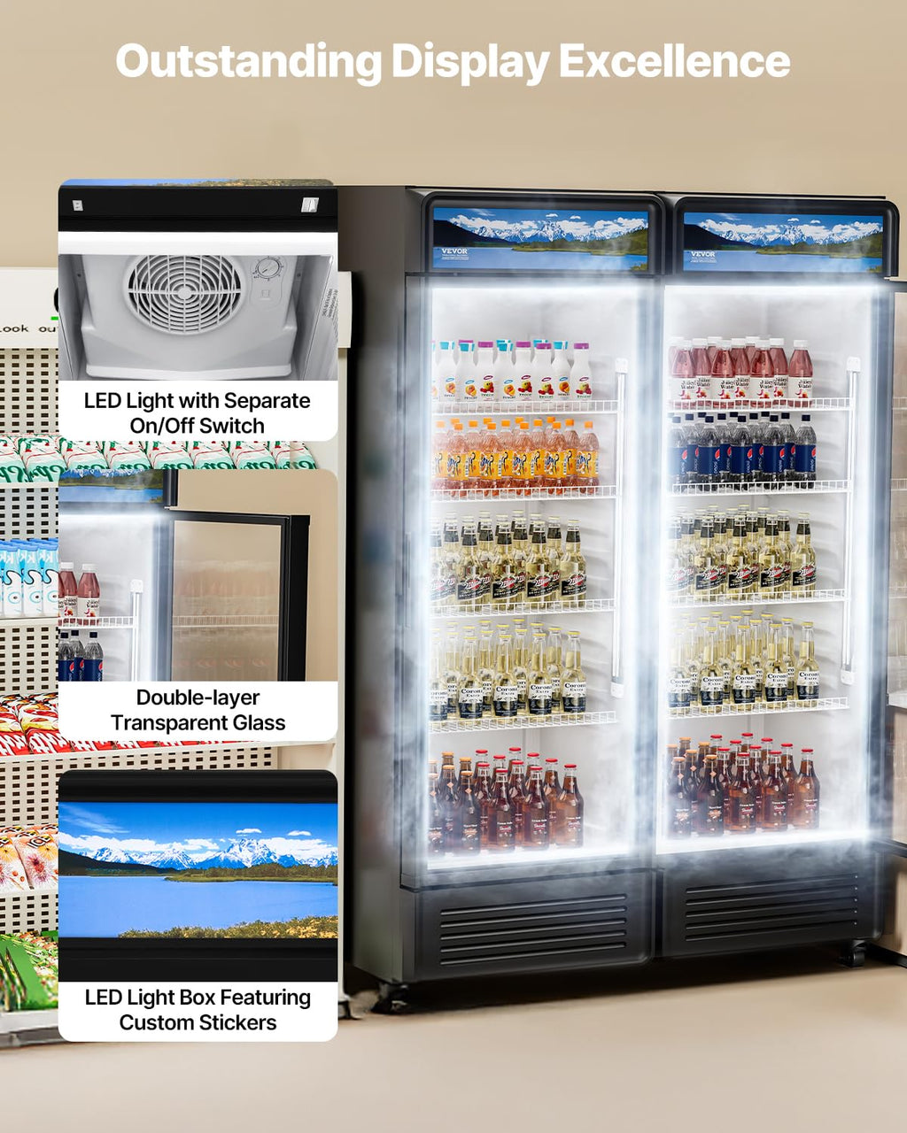 VEVOR Commercial Merchandiser Refrigerator, 6.9 Cu.Ft / 195L Glass Door Display Refrigerator, Upright Beverage Cooler Fridge with 4 Adjustable Shelves, Soft LED Light & Casters for Homes Shops Bars