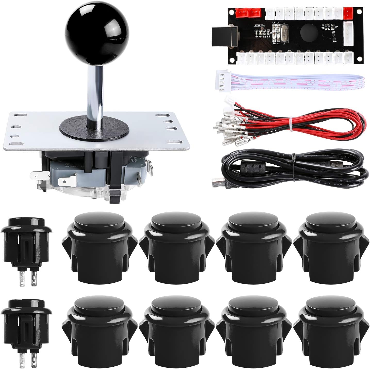 1-Player PC Joystick DIY Kit Arcade Joystick DIY Parts,1x Zero Delay USB Encoder + 1x Joystick + 10x Arcade Button for MAME, Raspberry Pi RetroPie DIY, Classic Arcade DIY for Kids - Black