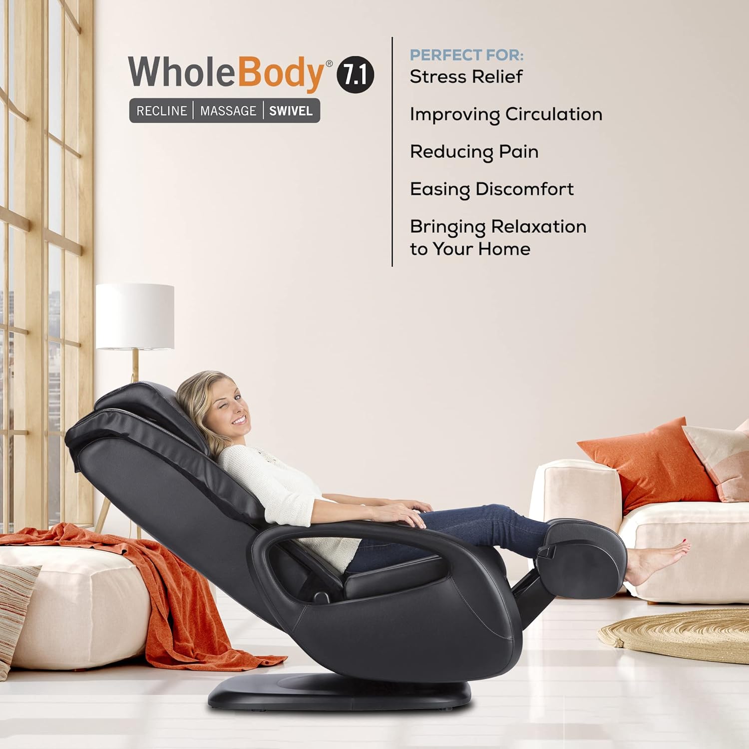 Human Touch WholeBody Swivel-Base Full Body Relax and Massage Chair - Perfect for Home Relaxation and Stress Relief | Warm Air Heating | Customizable Massage | Retractable Ottoman | Black Color, 7.1"
