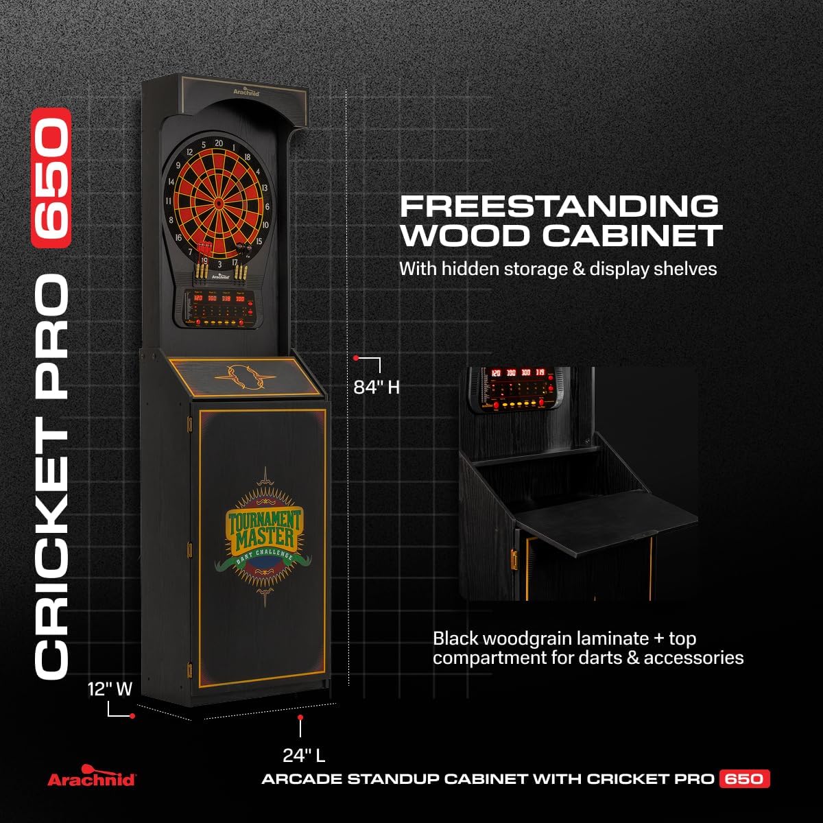 Arachnid Cricket Pro 650 Standing Electronic Dartboard with 24 Games, 132 Variations, and 6 Soft-Tip Darts Included, Brown,E650FS-BK3
