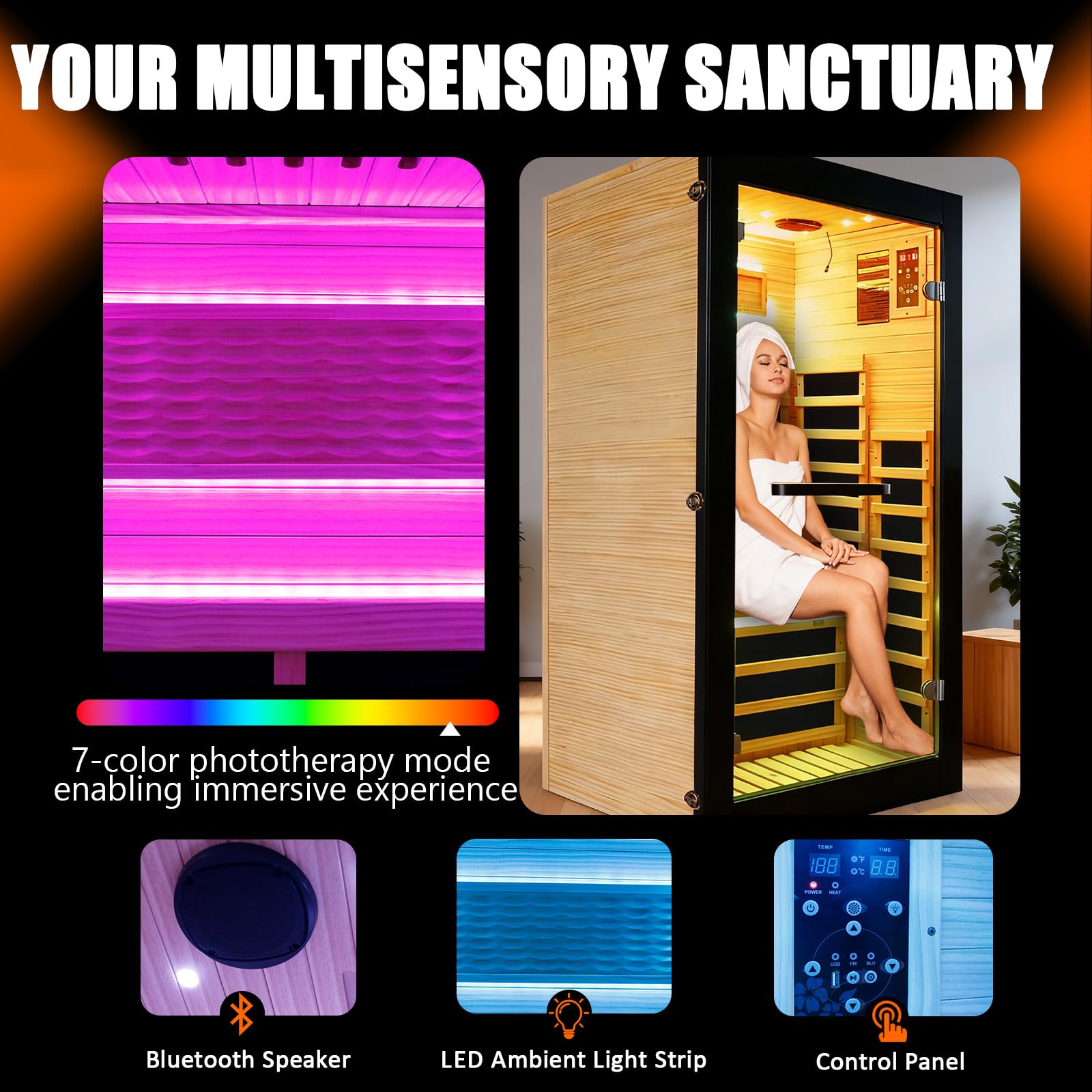 2 Person Infrared Sauna Far Infrared Sauna Room for Home Indoor 2000W Low-EMF Wood Dry Sauna with Full Starry Sky Lights Ceiling in 7 Color Speaker Fast Heating Easy Assembly- 47.3*41.3*74.8 IN
