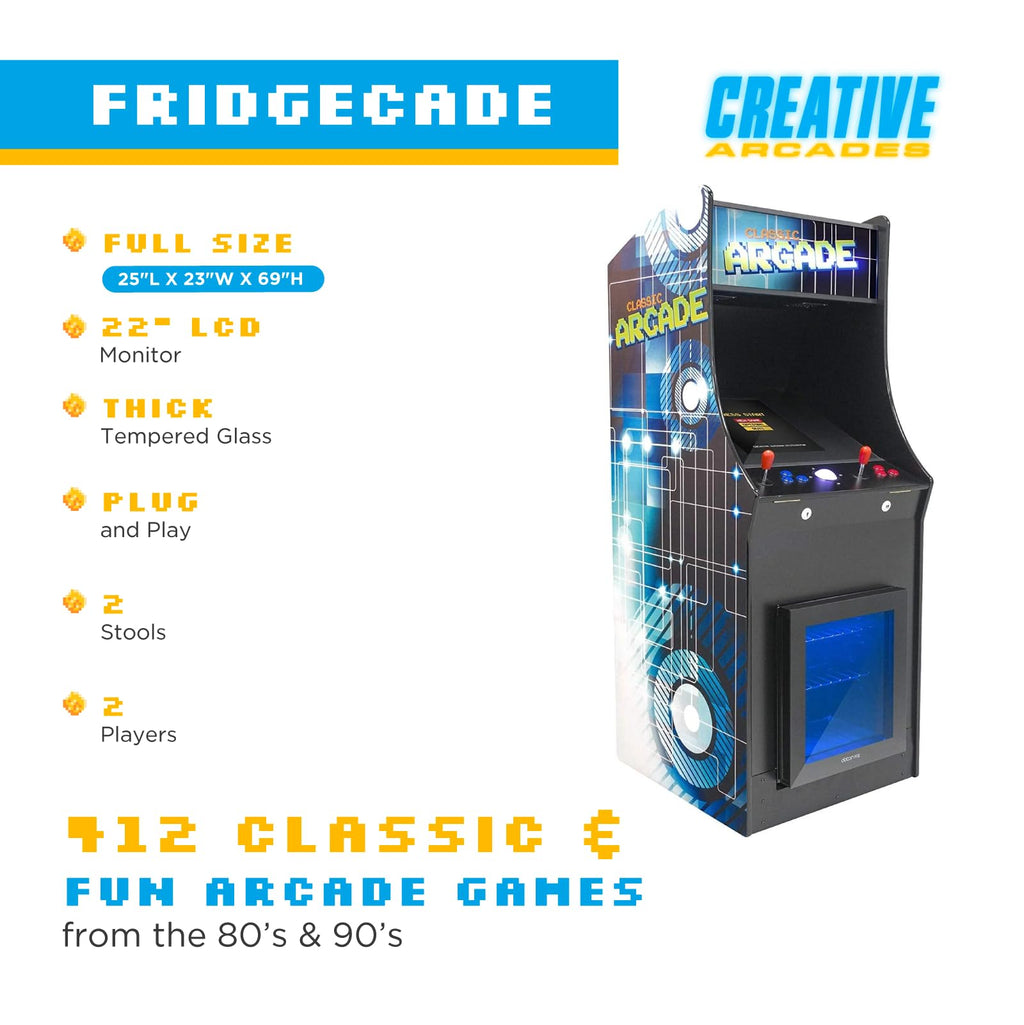 Creative Arcades Full Size Stand-Up Commercial Grade Arcade Machine | 2 Player | 412 Games | 22" LCD Screen | 2 Sanwa Joysticks | Trackball | Built-in Fridge | 2 Stools Included | 3 Year Warranty