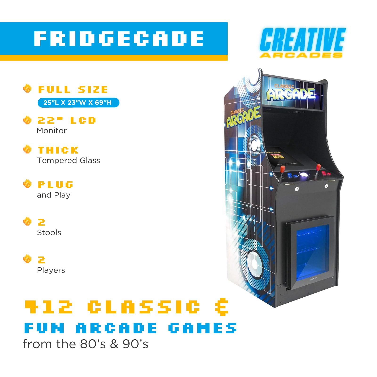 Creative Arcades Full Size Stand-Up Commercial Grade Arcade Machine | 2 Player | 412 Games | 22" LCD Screen | 2 Sanwa Joysticks | Trackball | Built-in Fridge | 2 Stools Included | 3 Year Warranty