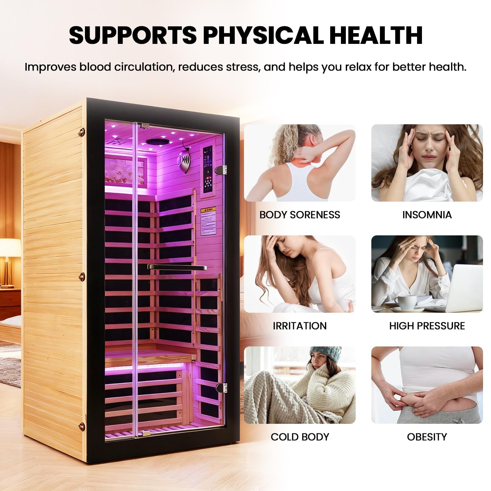 2 Person Infrared Sauna Far Infrared Sauna Room for Home Indoor 2000W Low-EMF Wood Dry Sauna with Full Starry Sky Lights Ceiling in 7 Color Speaker Fast Heating Easy Assembly- 47.3*41.3*74.8 IN